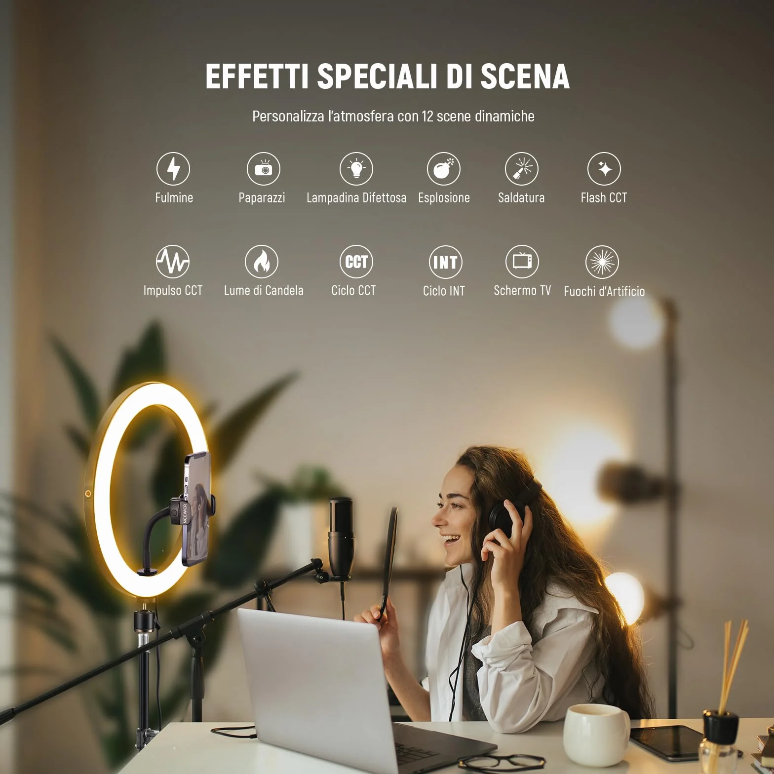 NEEWER LED Ring Light 24W 30cm z Treppiedem, Bicolore 2900-7000K, PD USB C, CRI97+, 1810lux/0,5m, RH12B K2