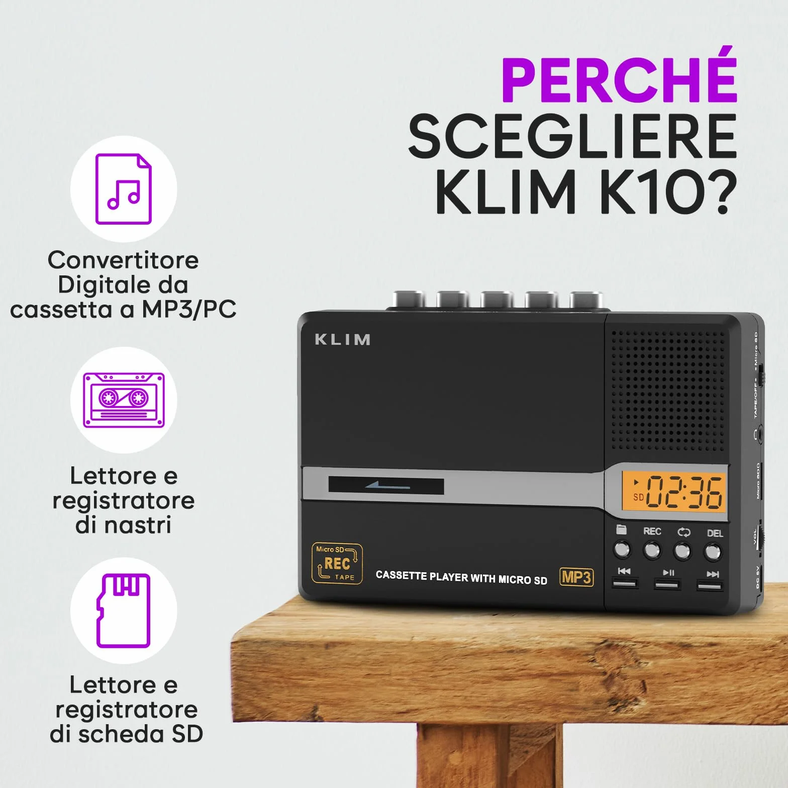 KLIM K10 Lettore Cassette Audio Portatile Registratore MP3 Convertitore Nero