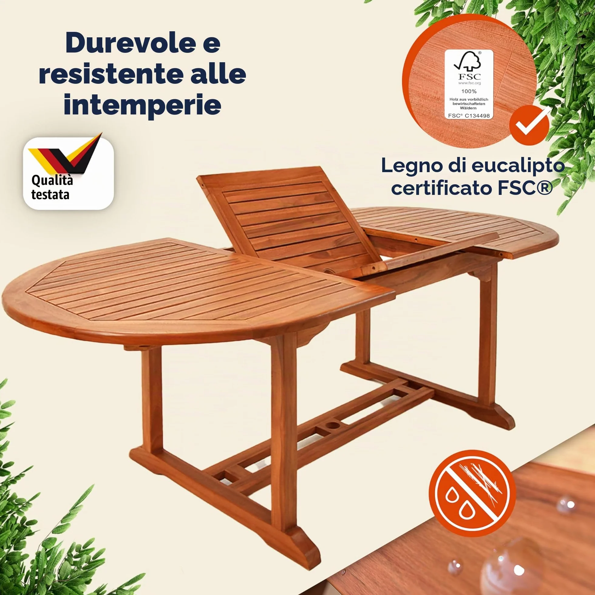 Casaria® Tavolo da Giardino Allungabile 200x100x74 cm Certificato FSC® Legno di Eucalipto Resistente Portata 160kg con Foro Ombrellone per Balcone Terrazza Balcone Esterno