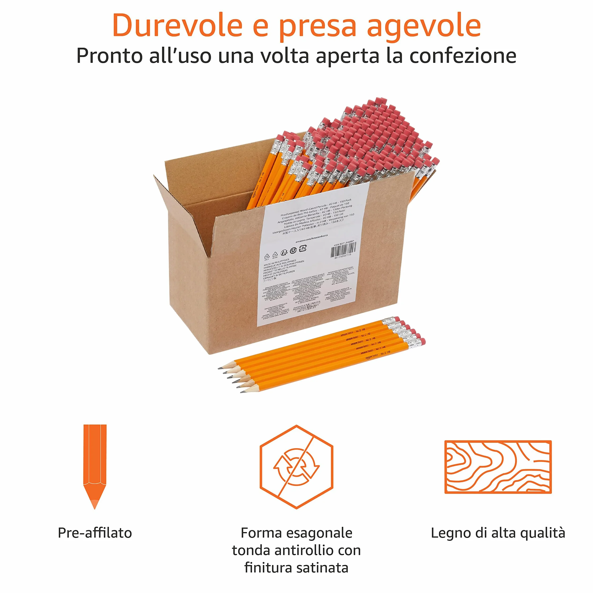 Amazon Basics Matite HB2 Grafite Legno Già Temperate Gomma Senza Sbavature Confezione da 150