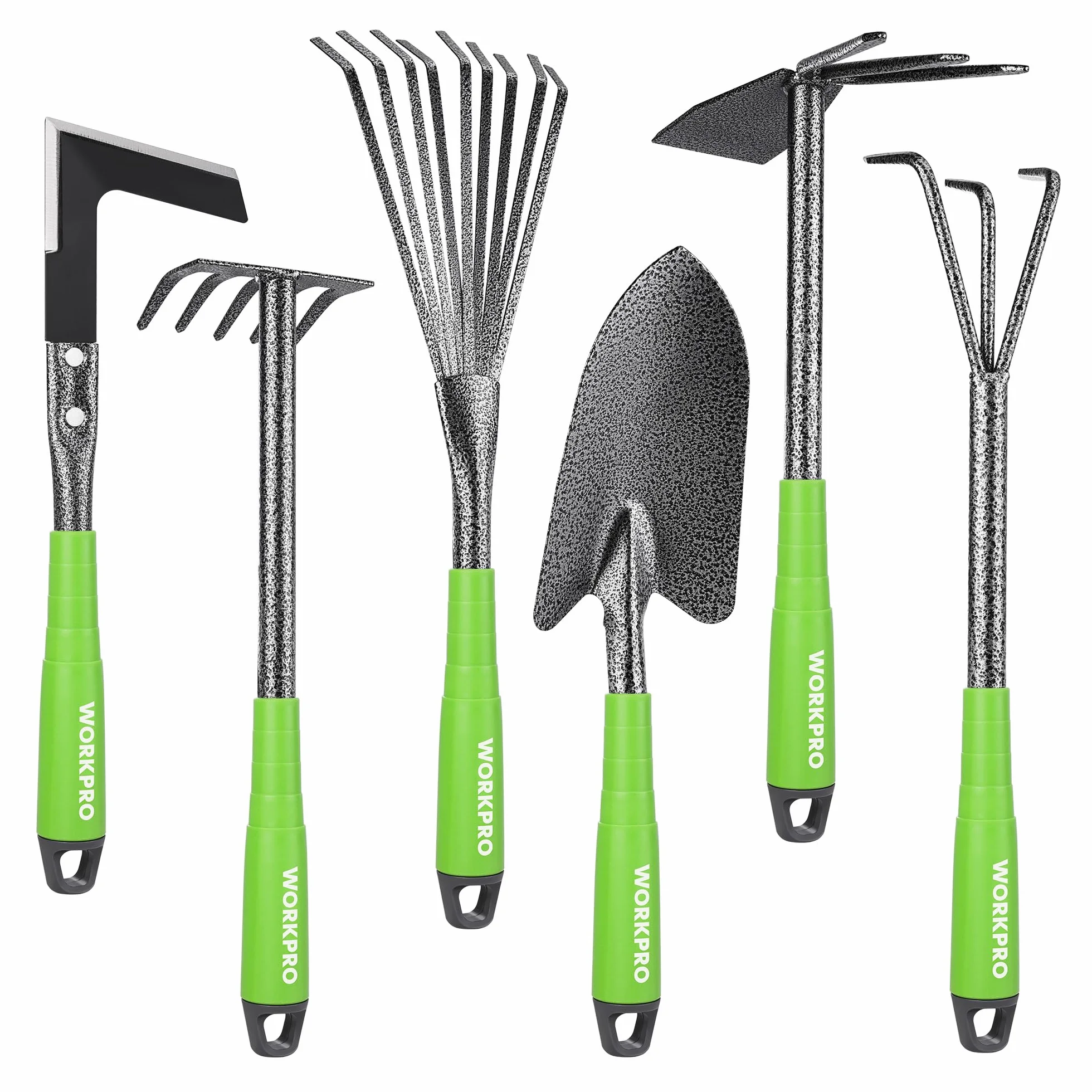 WORKPRO Set di 6 attrezzi da giardino con zappa a doppia estremità, artiglio a tre punte, rastrello a cinque denti, rastrello per foglie a nove denti, pala per terreno e gancio per erba, perfetto per