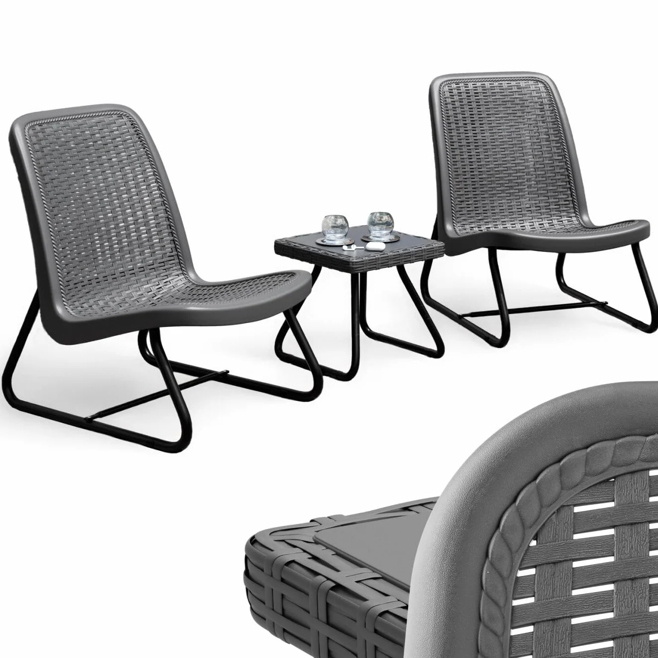 tectake® Salotto da Giardino in Rattan, Salotto da Giardino Esterno con Telaio in Acciaio, 1 Tavolino Salotto, 2 Sedie da Giardino con Schienali Ergonomici e Regolabili in Altezza - Grigio