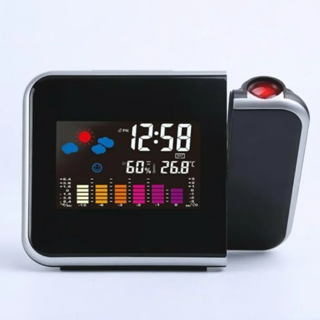 Sveglia a Proiezione con Display LED, Termometro Meteo, Schermo LCD, Funzione Snooze, Porta USB (Nero)
