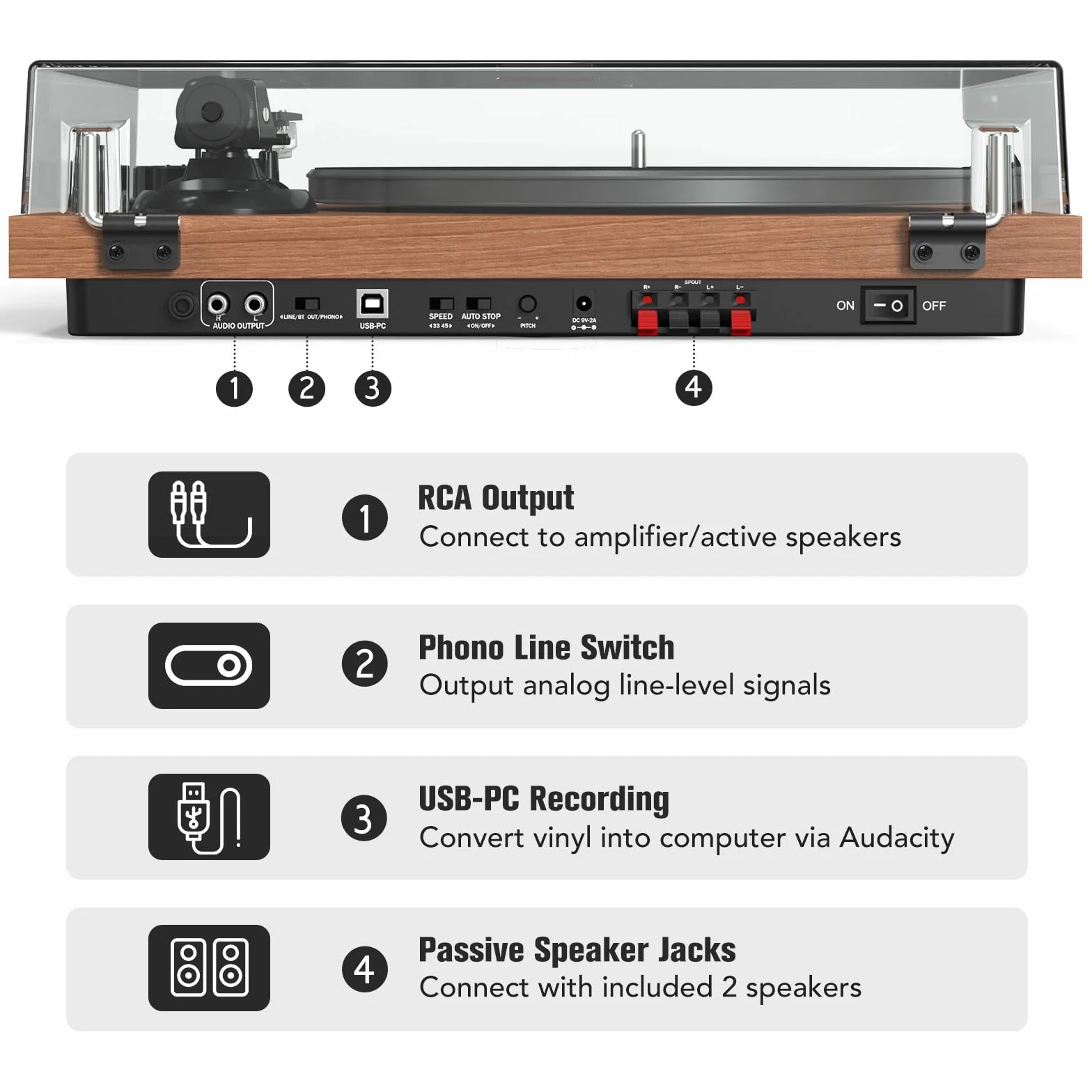 Udreamer Giradischi Sistema Hi-Fi 40 W Lettori Vinile Bluetooth Piatto Alluminio Trasmissione Cinghia 2 Velocità AT-3600L Marrone