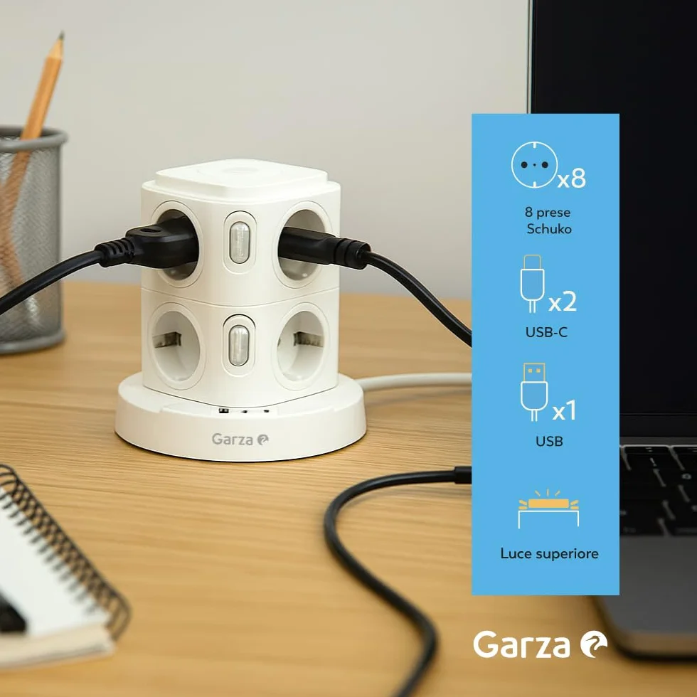 Ciabatta Elettrica 11 in 1 con 8 Prese Schuko, 2 USB-C PD20W e 1 USB-A, Bianco