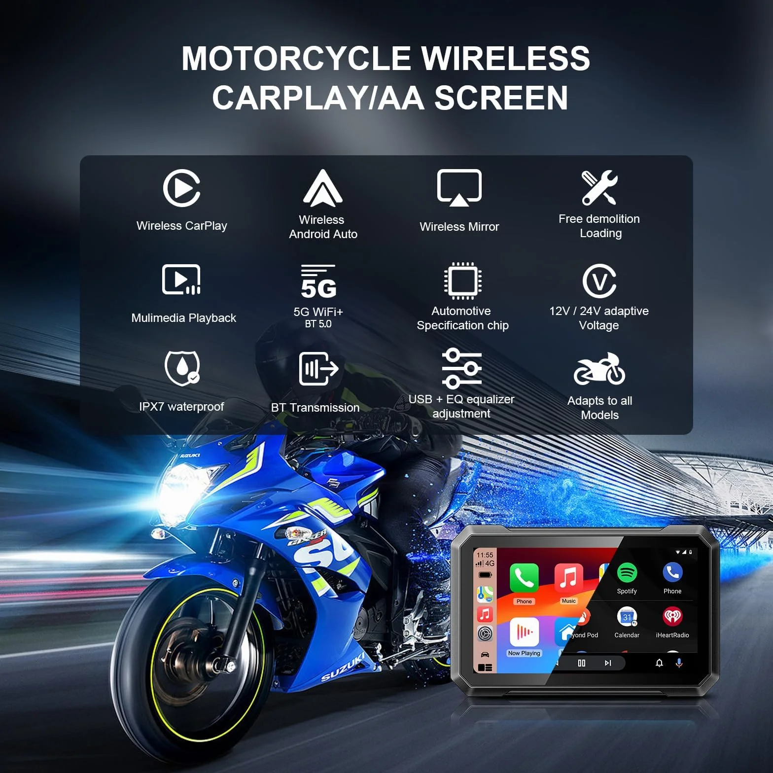 KAOLALI Senza Fili Schermo Carplay per Moto 7 Pollice IPS Touchscreen Portatile Impermeabile IPX7 Navigazione GPS