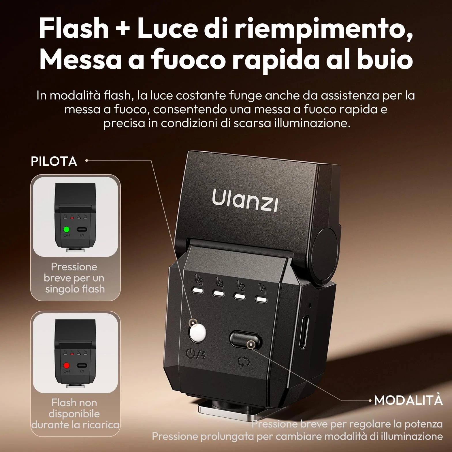 ULANZI SL03 Mini flash Speedlite GN8 6500K Angolo 90° regolabile per fotocamera