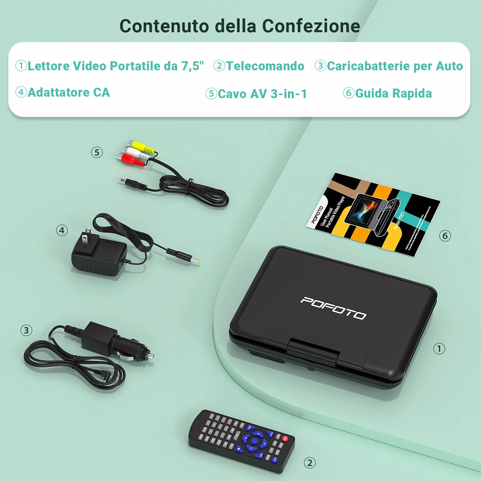 POFOTO Lettore DVD Portatile 9,5'' Schermo HD Ruotabile 7,5'' Batteria 4-6 Ore Supporto Multiformato Dischi SD USB Antiurto