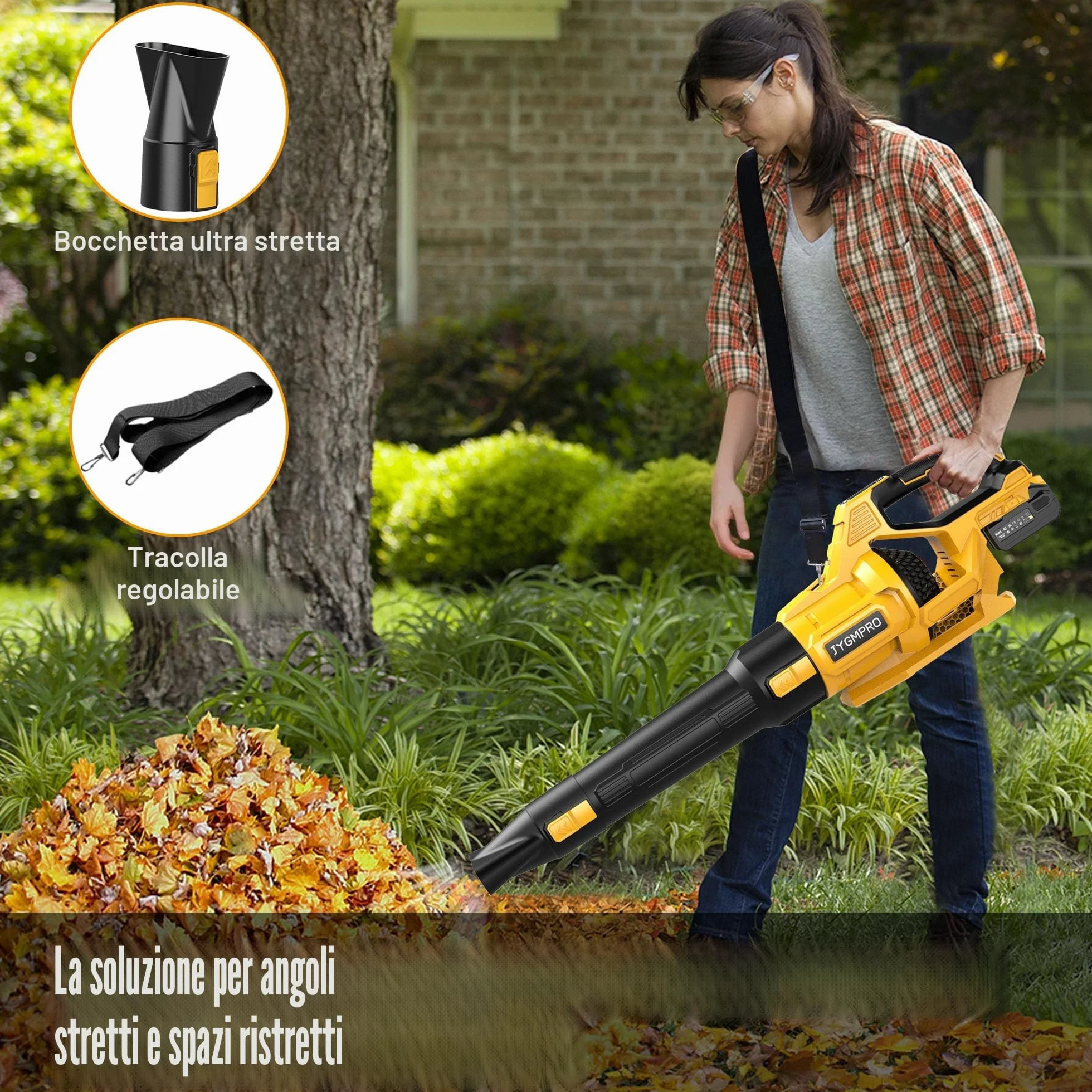 21V Soffiatore a Batteria, Soffiatore Foglie Elettrico con 2 Batteria da 4,0Ah, 2 Ugelli, 3 Velocità Regolabili, Tracolla per Foglie, Neve, Polvere e Detriti
