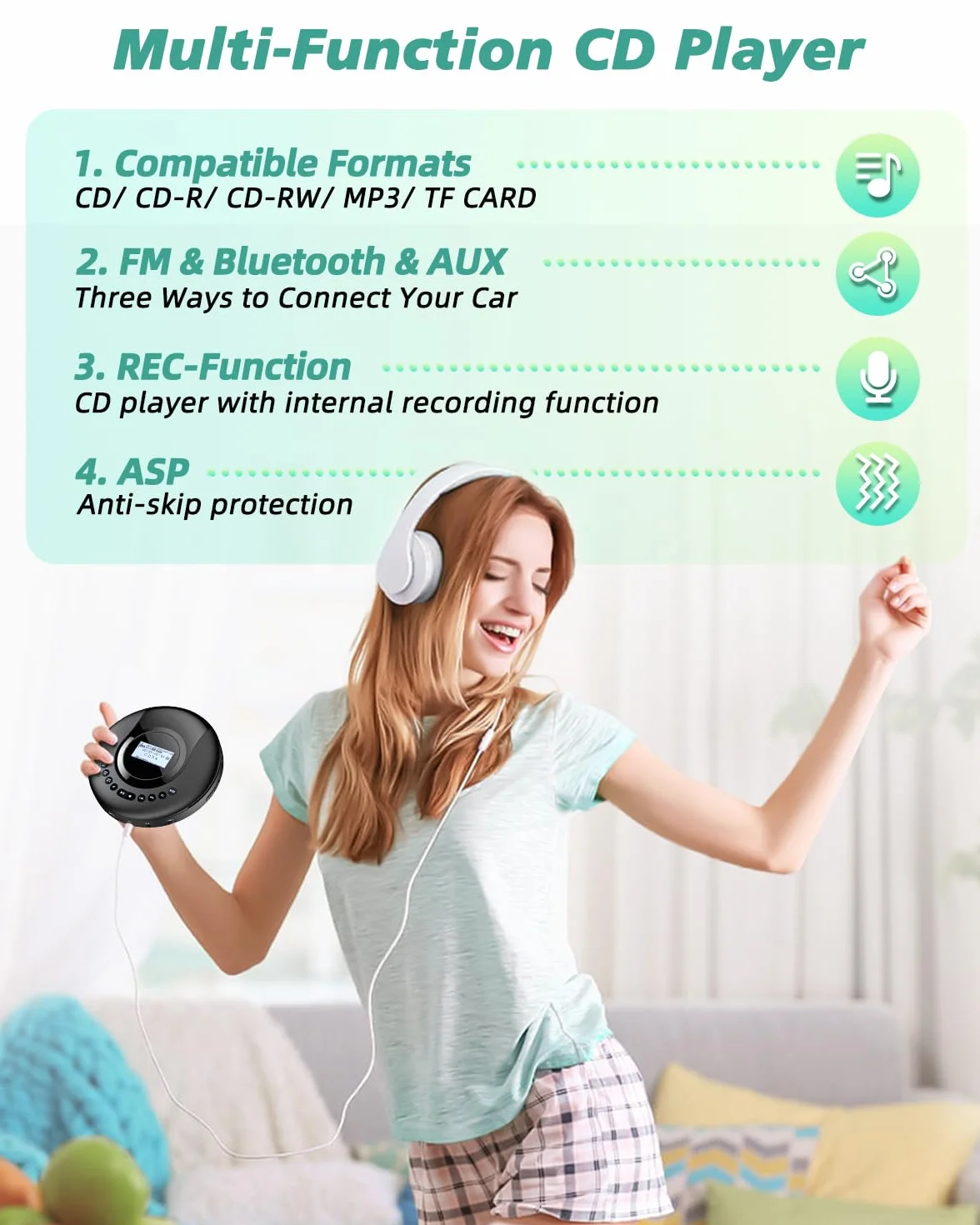 Arafuna Lettore CD portatile Discman Radio DAB+ FM Bluetooth Antishock 2000 mAh Nero