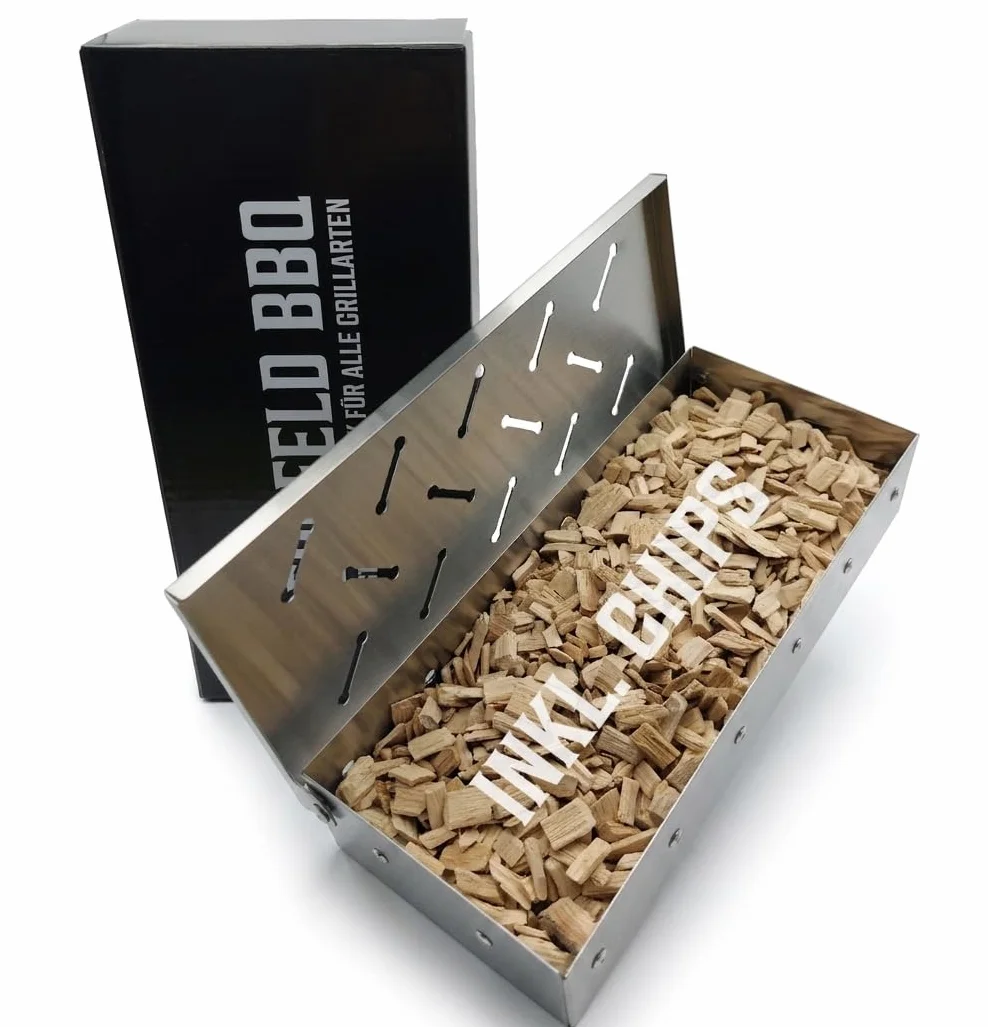 Bergfeld BBQ – Scatola per affumicatura con trucioli per tutti i tipi di barbecue – Smoker Box in robusto acciaio inox per grigliare – Aroma per carne, pesce e verdure (dimensioni: 22 x 9,5 x 4 cm)