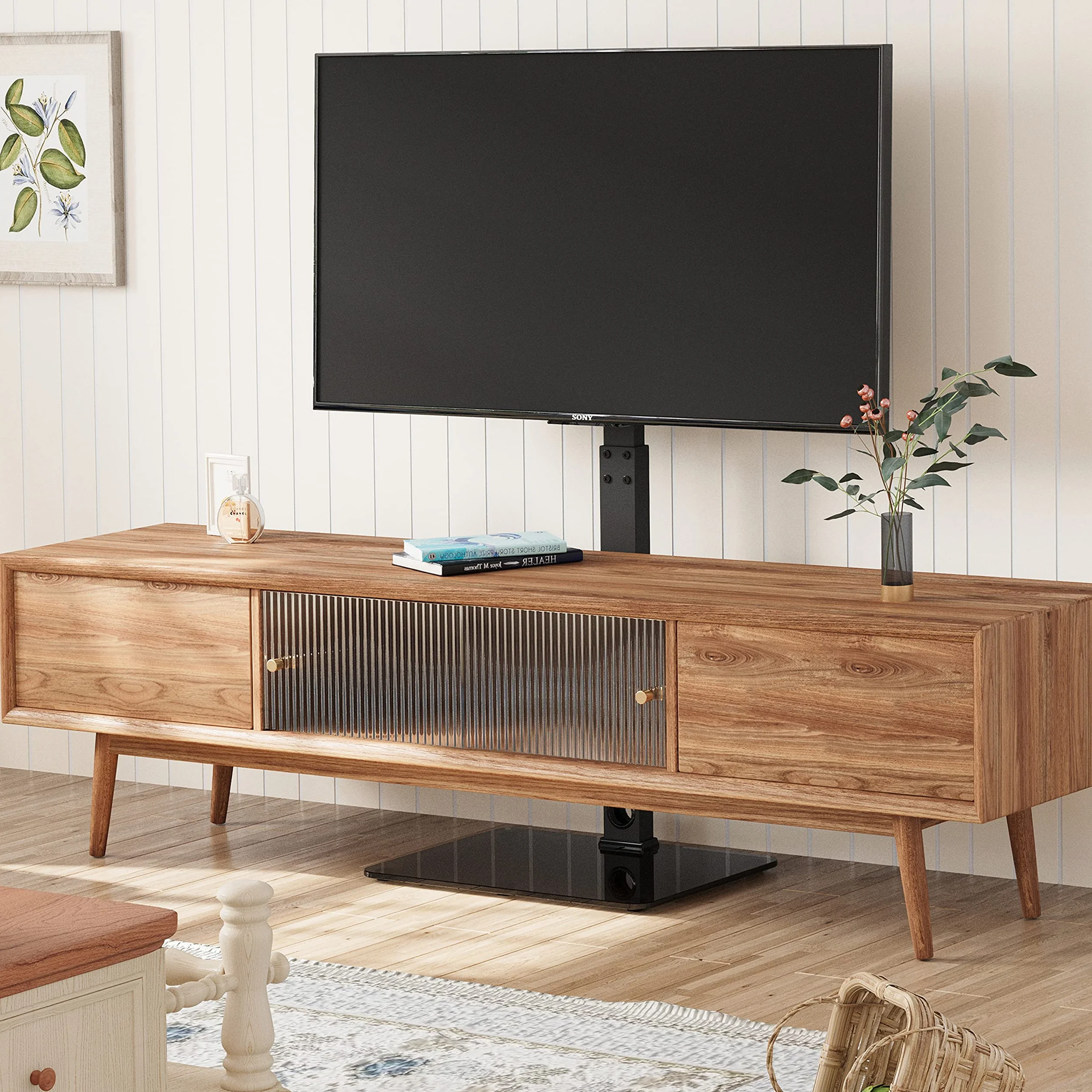 BONTEC Supporto da pavimento per TV 30-70 pollici LED LCD OLED plasma piatto curvo, altezza regolabile, VESA 600x400mm, 40kg