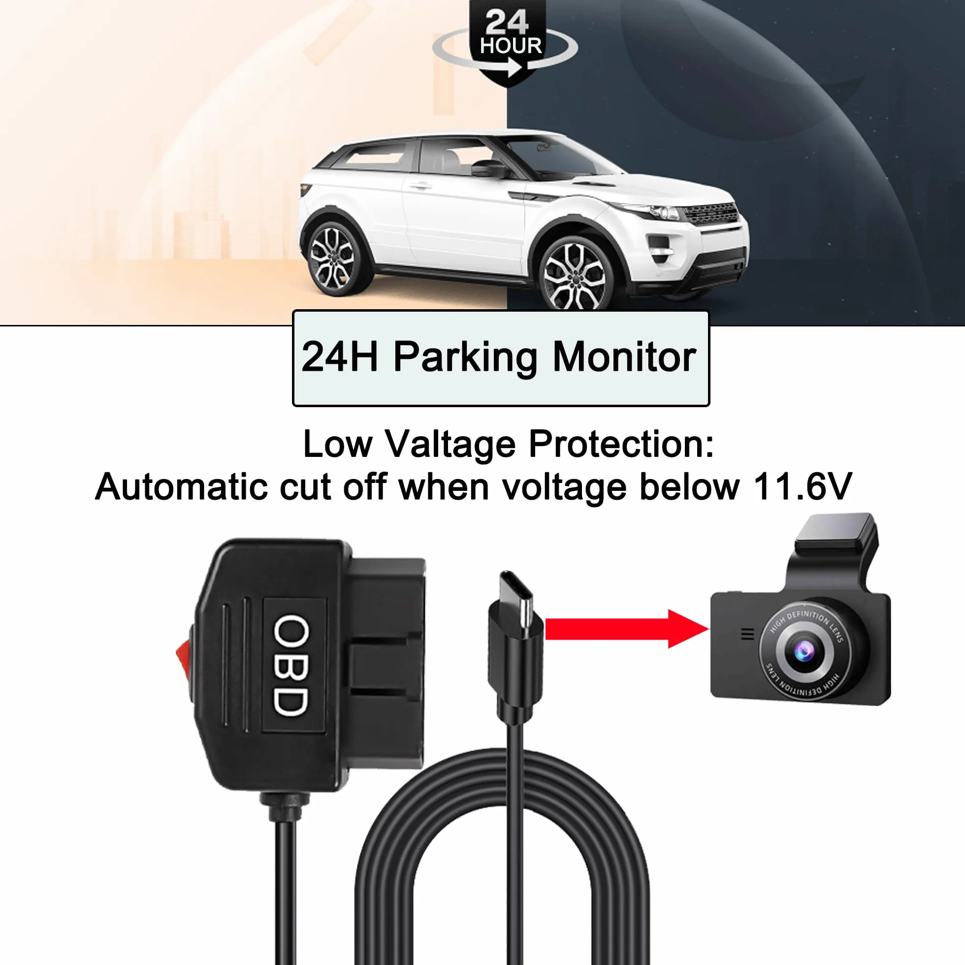 OBD Power Cable for Dash Camera, OBD2 to USB C Adapter, 12-24V to 5V 3A, 24h Parking Mode with Switch, 3.5M