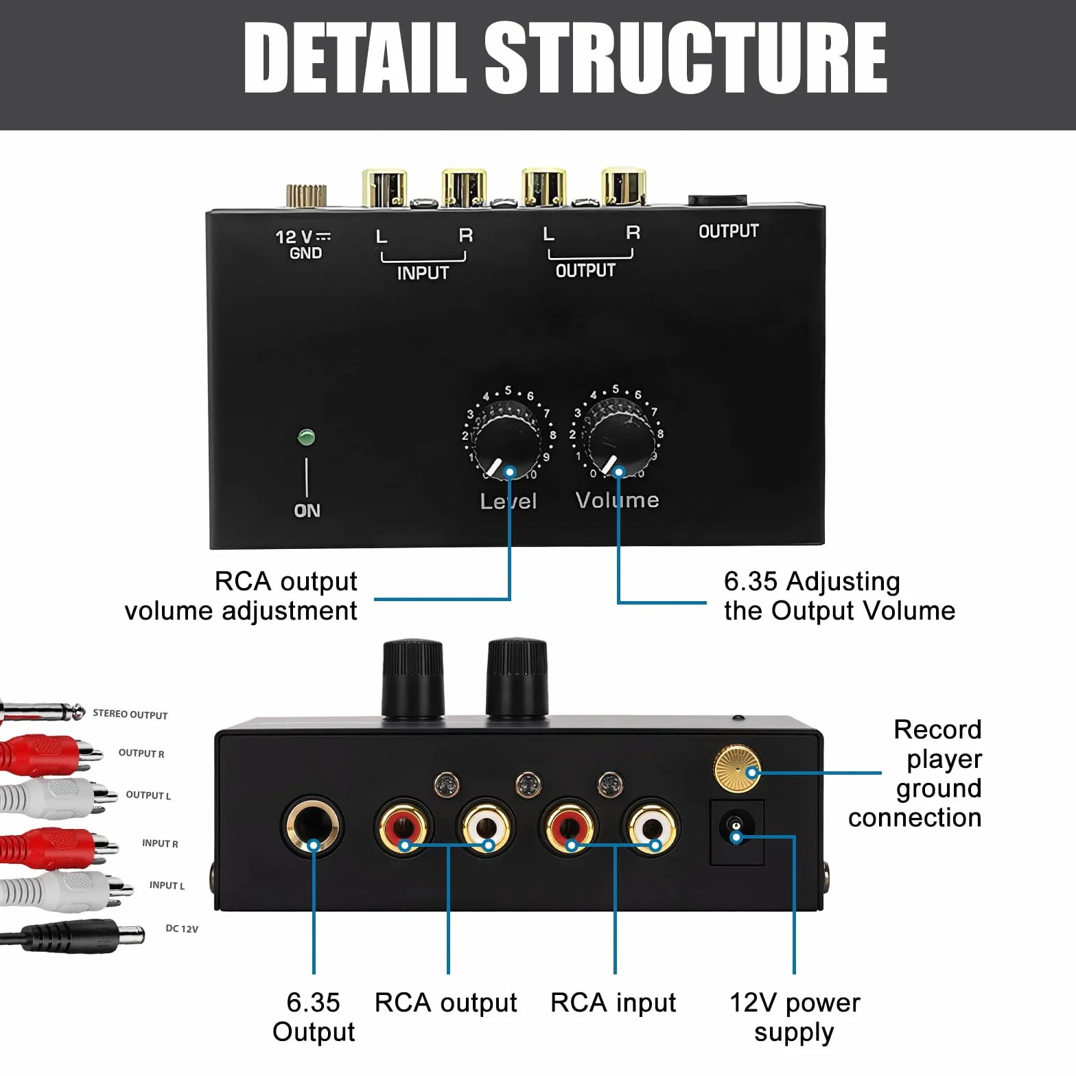 Phono preamplificatore giradischi MM con ingressi e uscite RCA, amplificatore stereo DC 12V