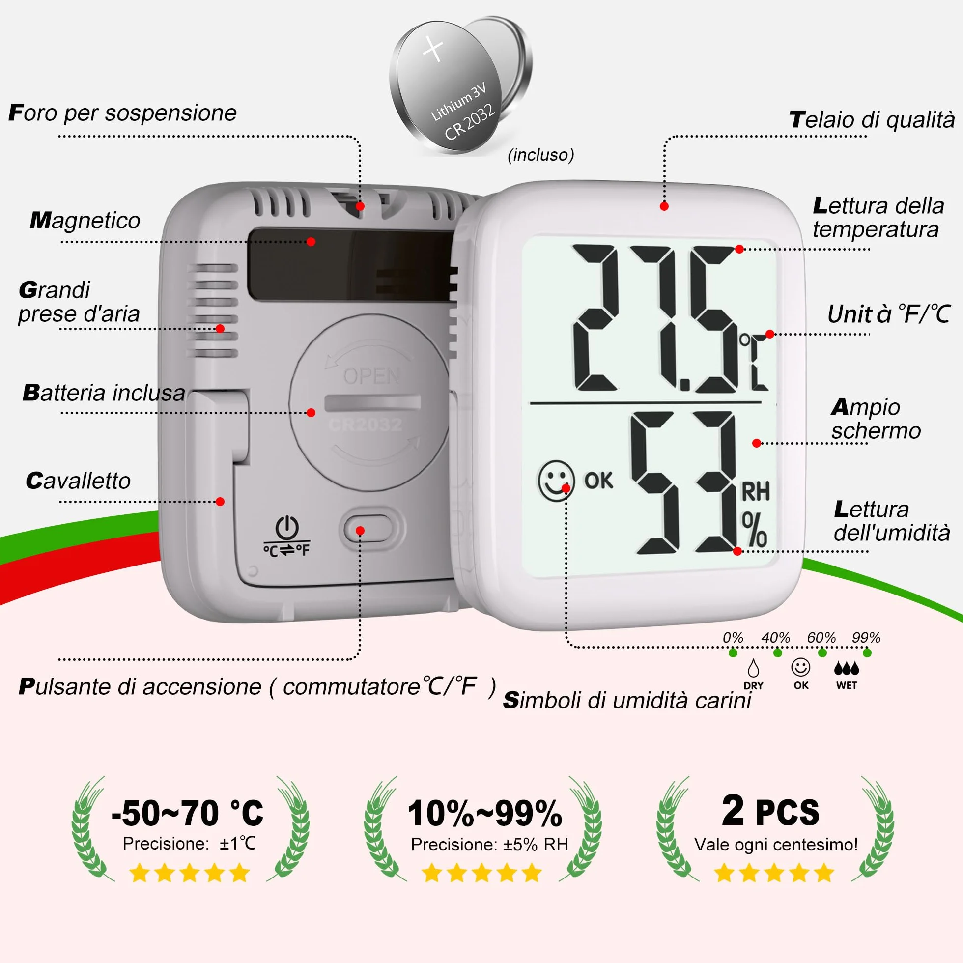 Termometro Ambiente Interno Igrometro Digitale 2 pezzi Monitor Temperatura Umidità per Casa Terrario Incubatrice Serra