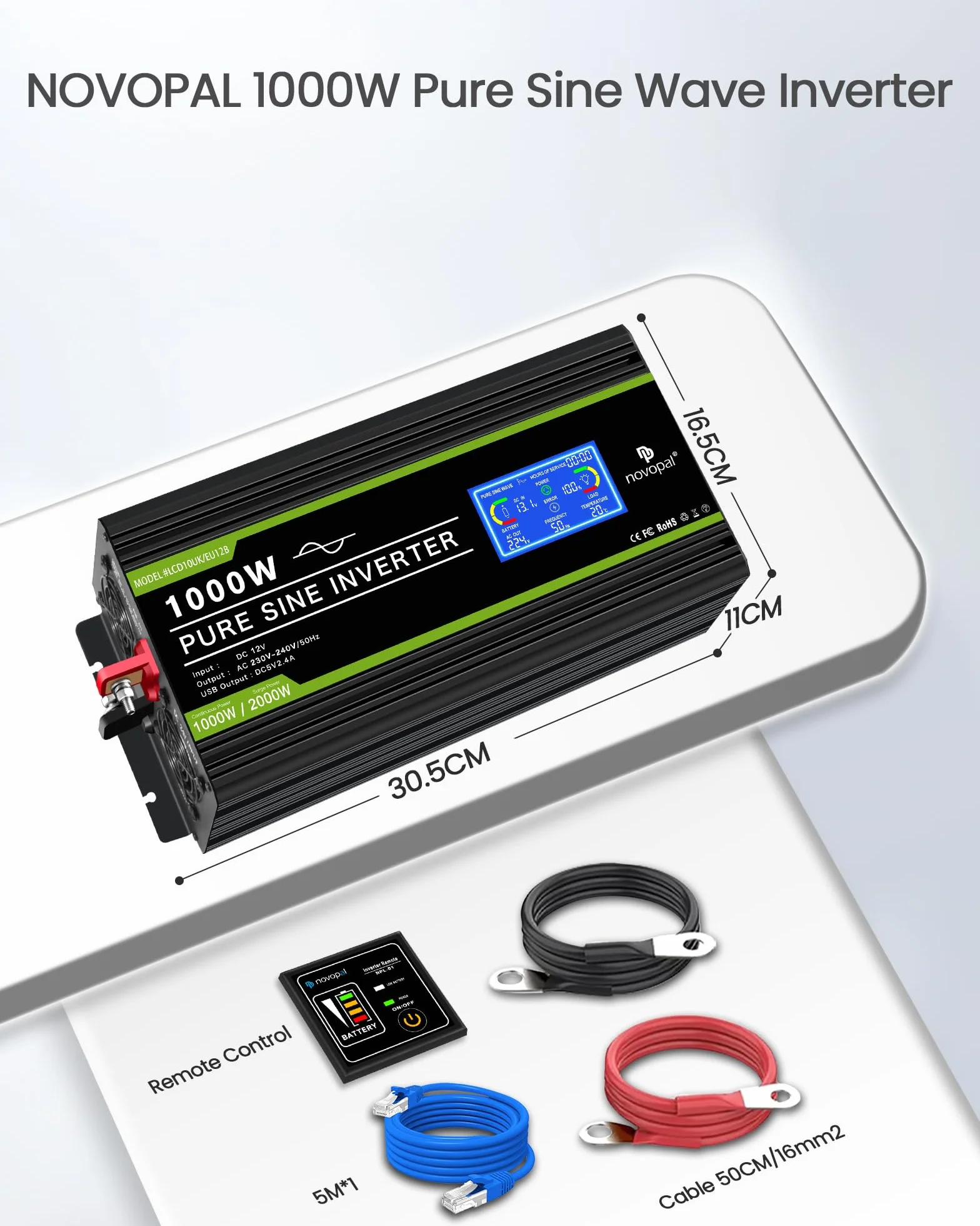 NOVOPAL 1000W Pure Sine Wave Power Inverter DC 12V to AC 220V with LCD Display USB EU Plug Remote Control for Truck Camper Car