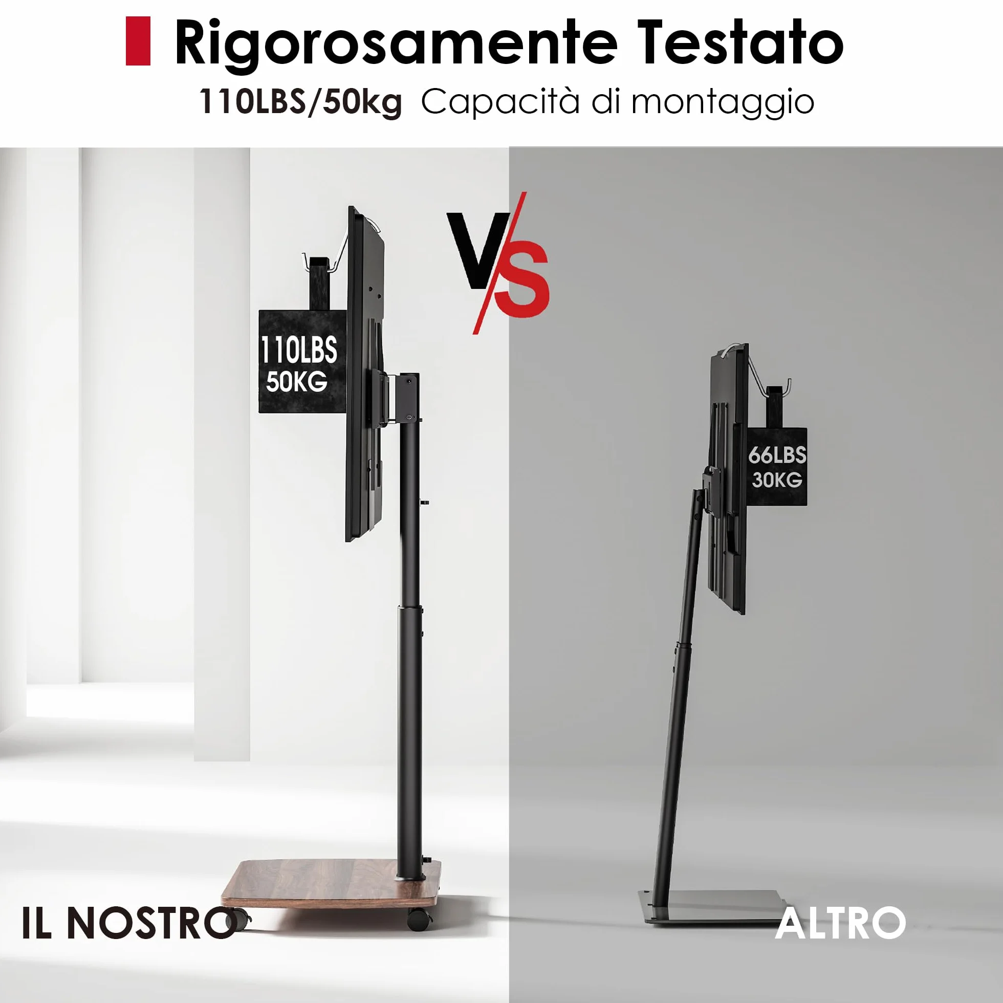AOKCOS Carrello Porta TV con Ruote per 43-75 Pollici, Supporto TV da Pavimento Girevole e Regolabile in Altezza, Inclinabile, Base in Legno, VESA 600x400mm 50kg