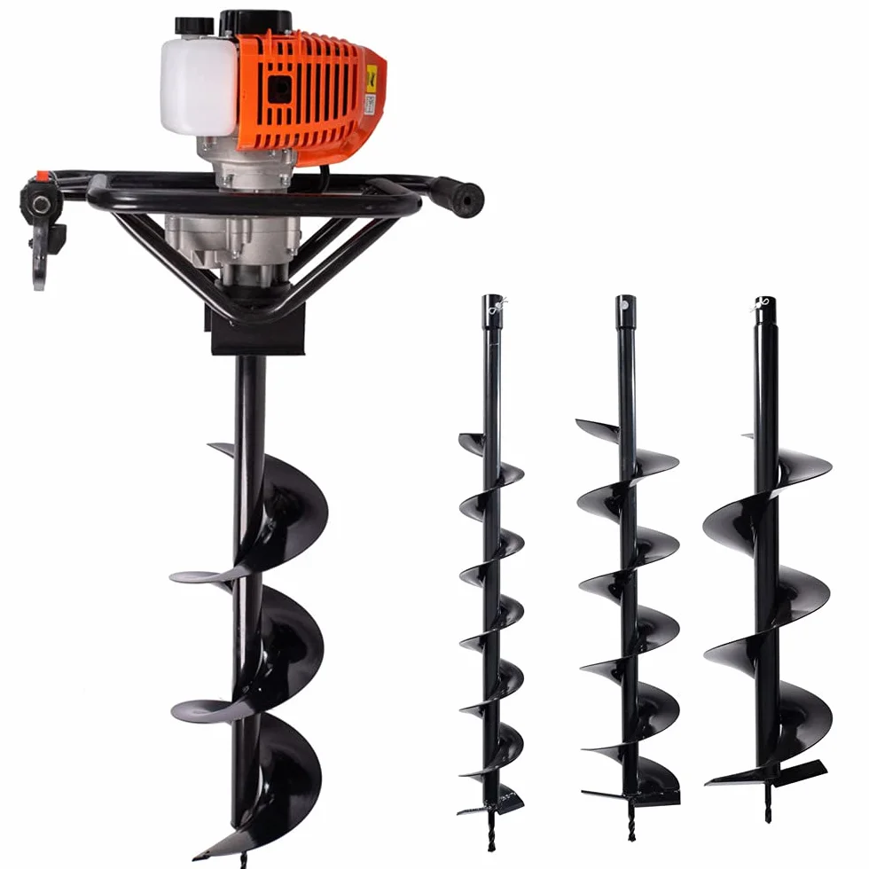 AMC Trivella a scoppio con motore da 52cc a 2 tempi comprende 3 punte intercambiabili da 100mm 150mm 200mm, mototrivella trivellatrice da giardino e campi agricoli, utilizzo professionale e fai da te