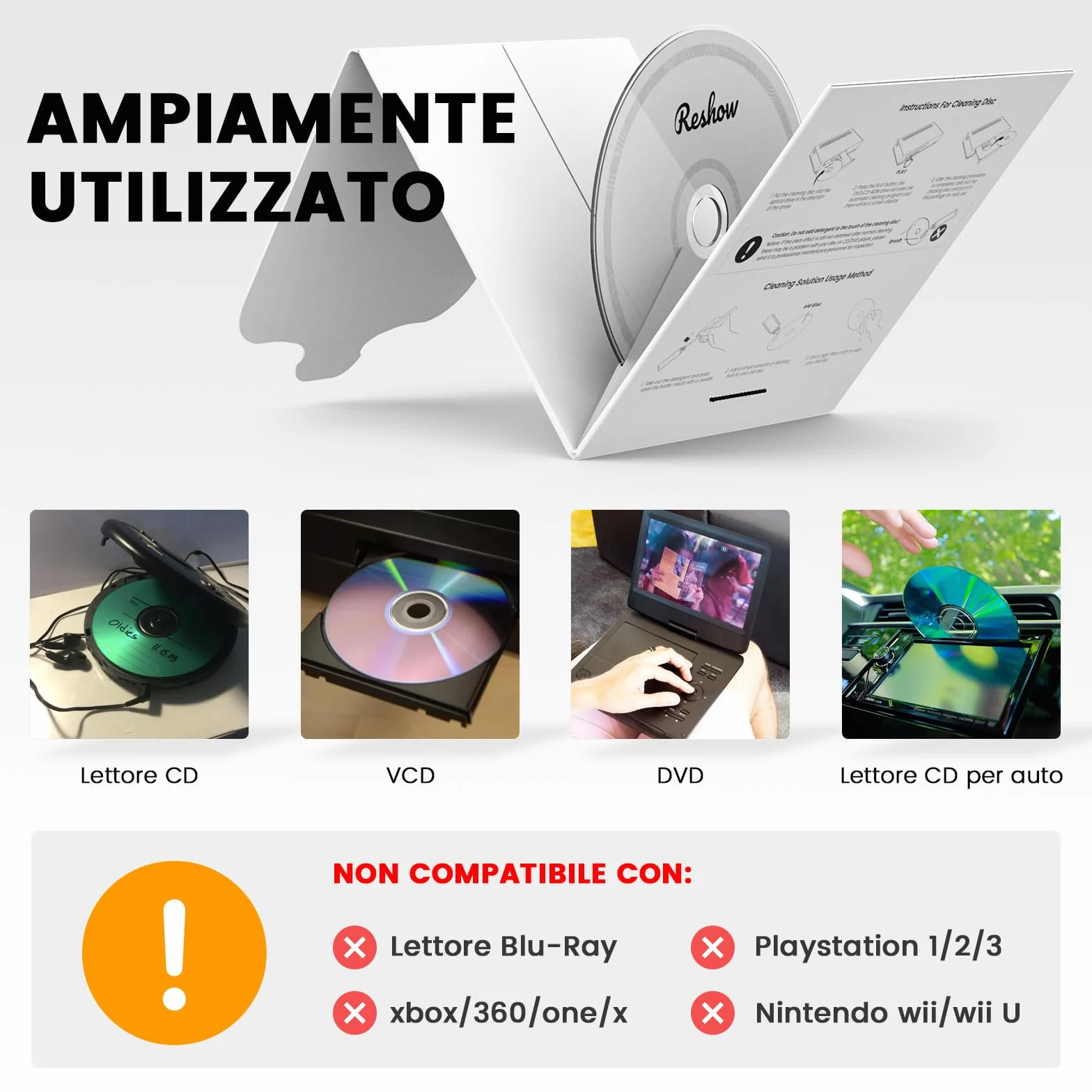 Reshow Kit Pulizia Lenti Laser per Lettore DVD CD - Panno Microfibra, Disco e Soluzione Detergente
