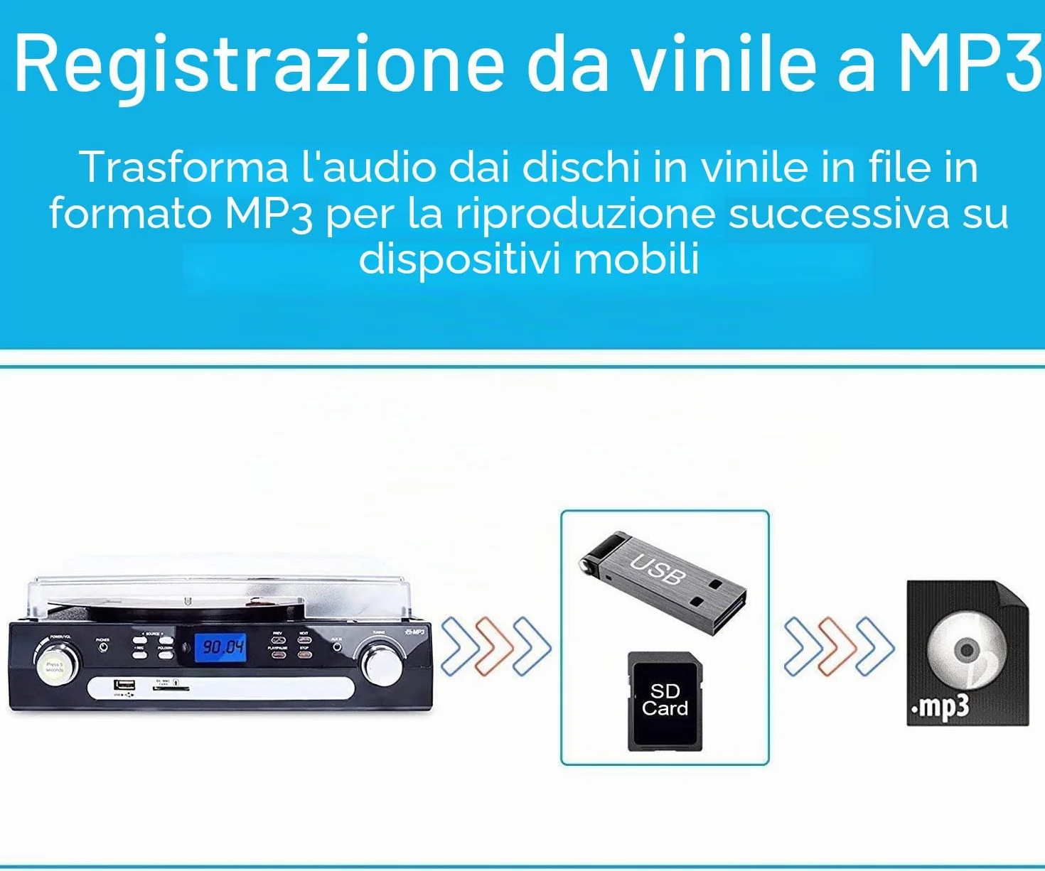 Altoparlante Stereo Bluetooth con Spina per Dischi in Vinile Digitnow, Radio a Tre Vie AM/FM, USB MP3