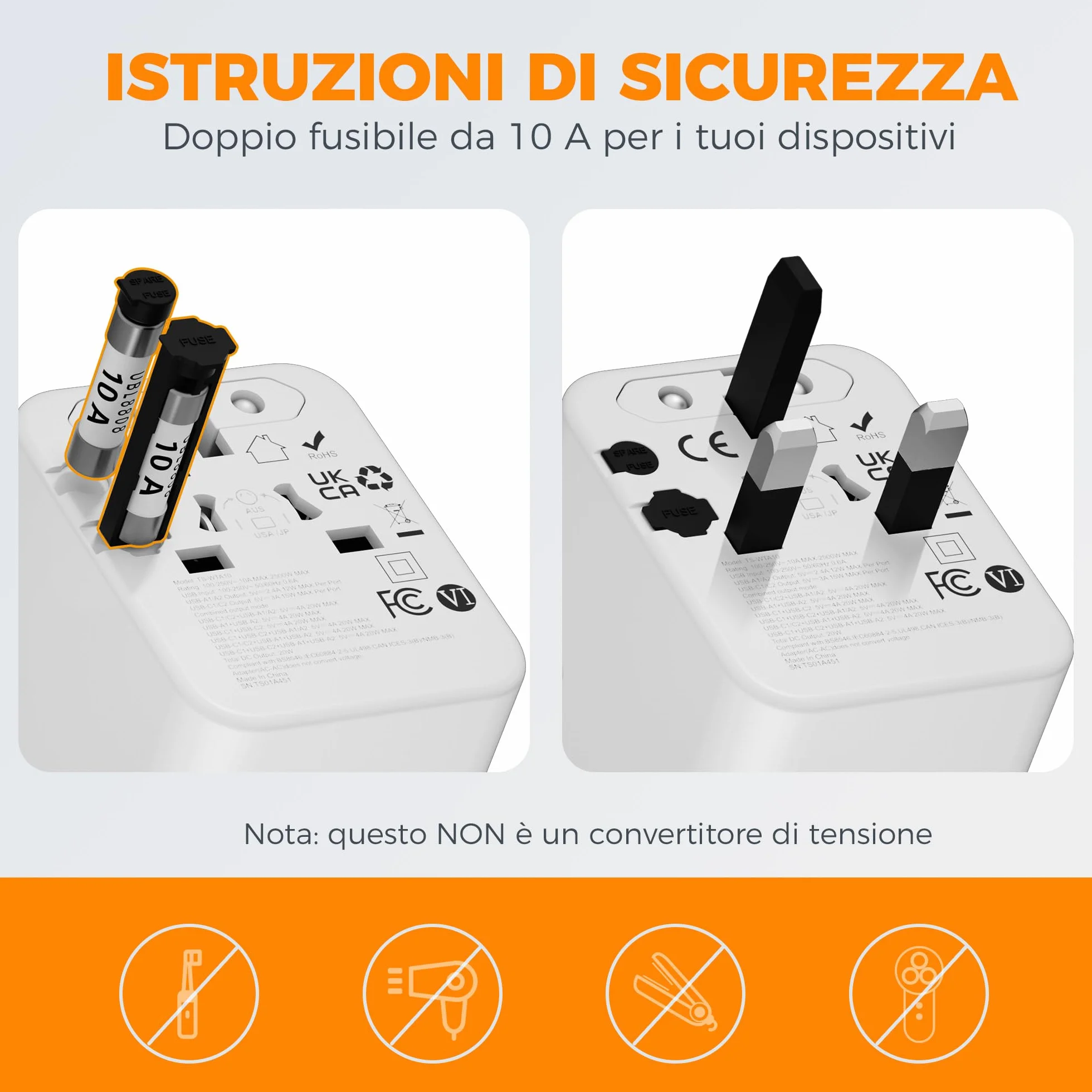 TESSAN Adattatore Universale da Viaggio con 2 USB C e 2 USB A, Presa per Spina Internazionale