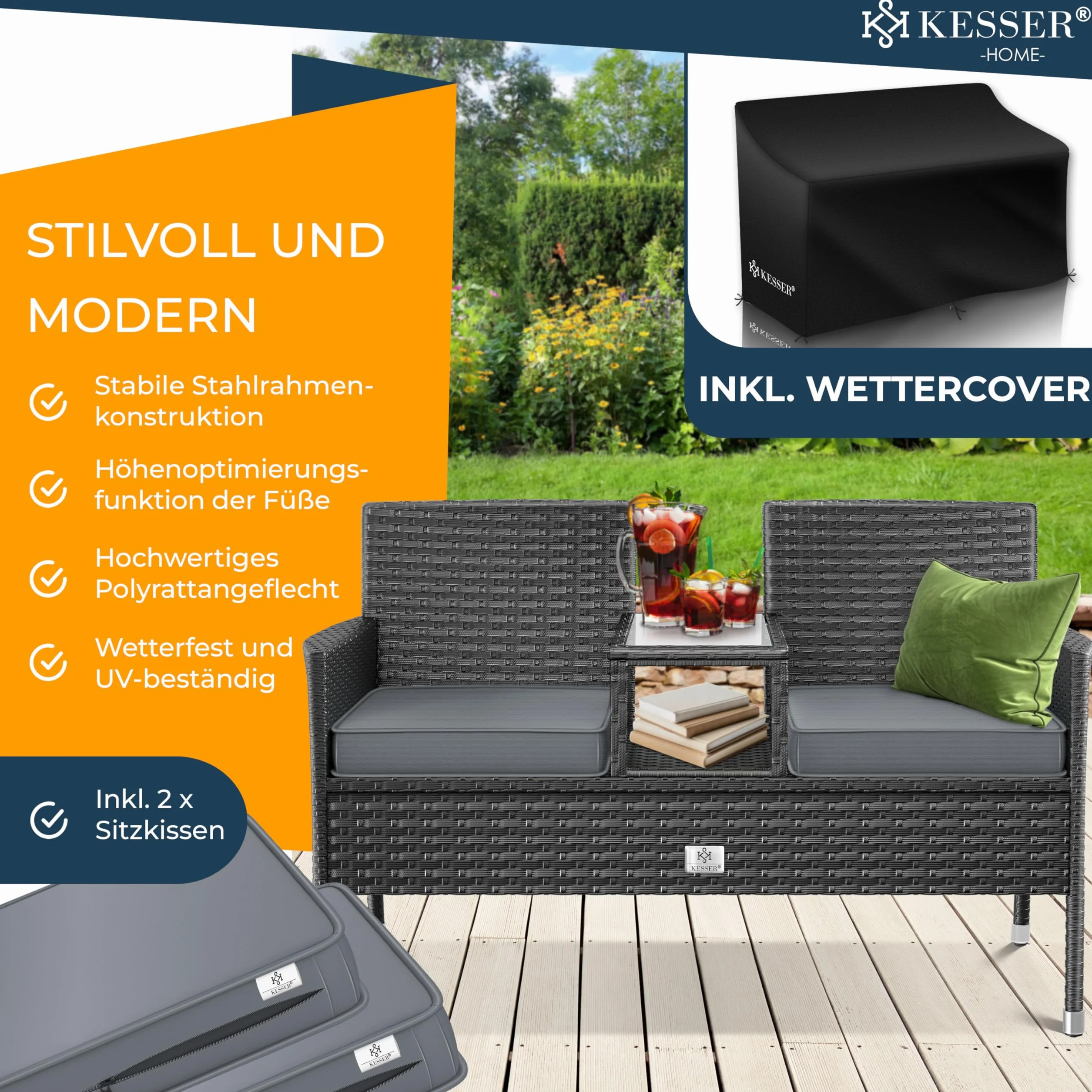 KESSER® Panca da giardino in polyrattan con tavolo integrato + cuscini, 2 posti, 133 × 55 × 84 cm, Panca in rattan, Giardino, Balcone, Divano da giardino - Resistente alle intemperie, Antracite