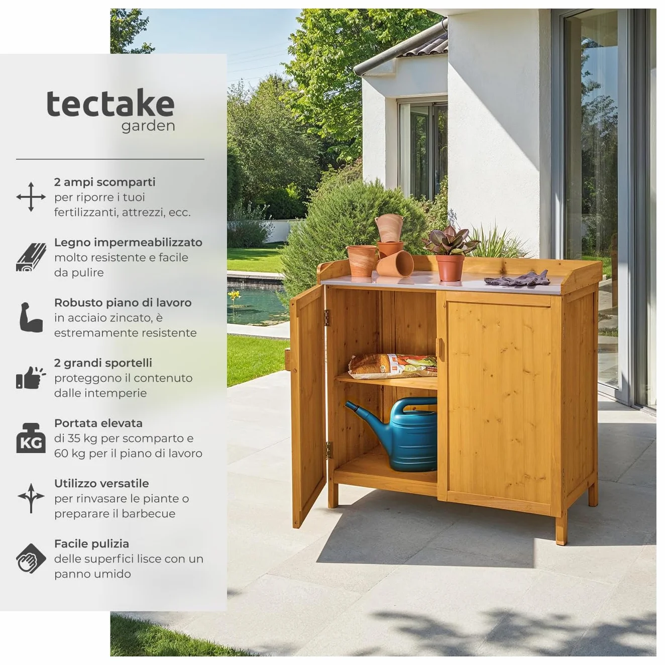 Tectake Armadietto da Giardino con Piano Lavoro Zincato 98x48x95 cm Spazio Utensili Accessori Barbecue Tavolino Giardinaggio Mobile Giardino
