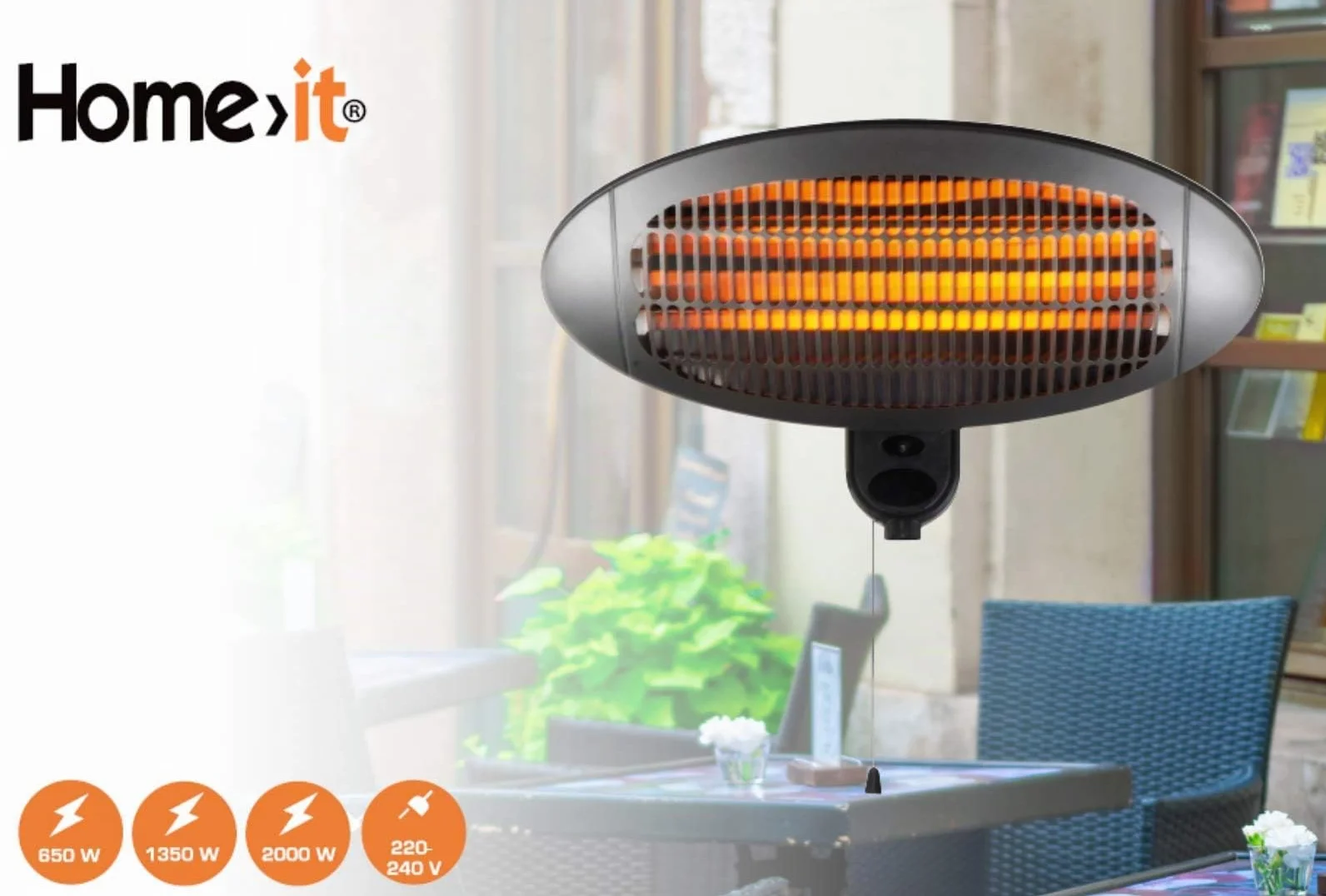 HOME It Stufa da Esterno a Infrarossi da Parete 2000W IP34 Riscaldatore al Quarzo