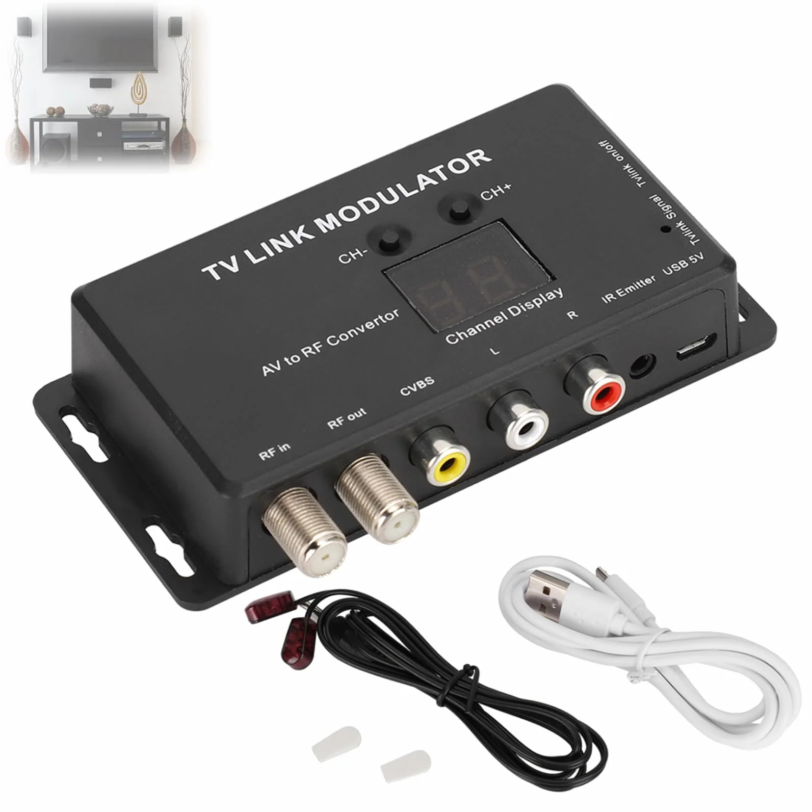 Modulatori RF TM70 UHF TV LINK Convertitore da AV a RF Extender IR con Visualizzazione dei Canali