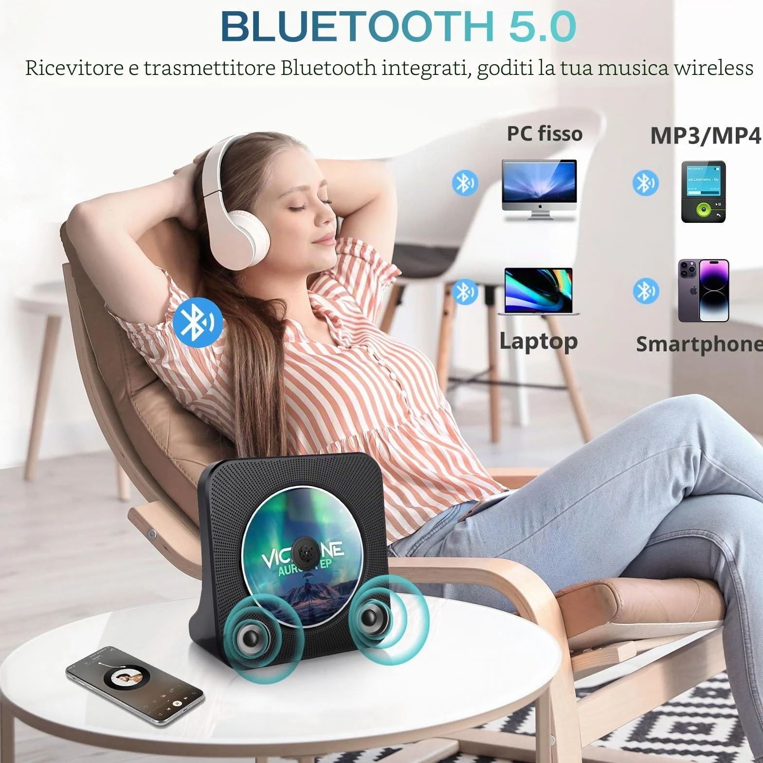 Lettore CD Bluetooth portatile con altoparlante stereo, radio FM, AUX/USB, cuffie