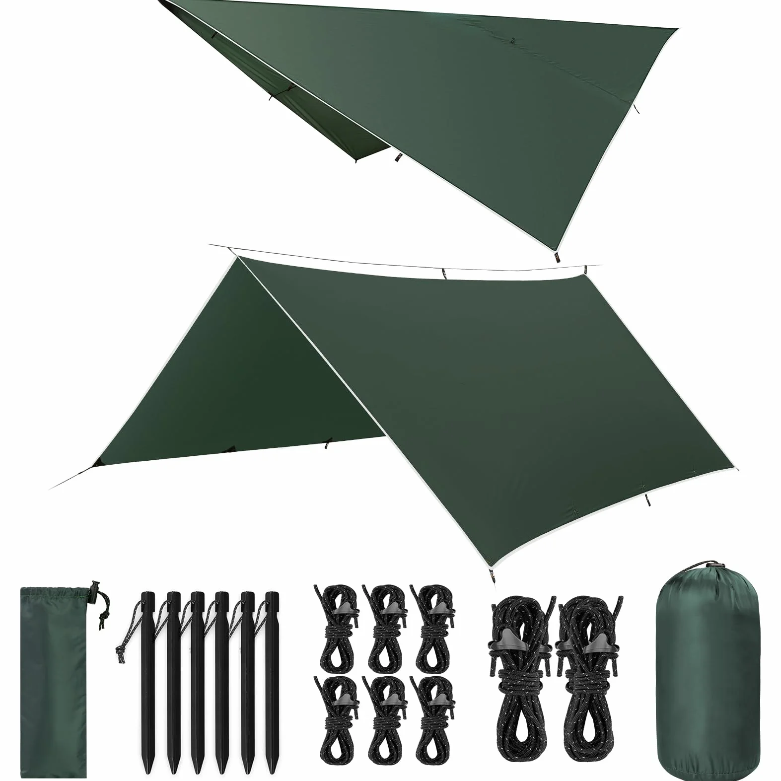Tarp Campeggio 3x3M/3x5M, Ultra Leggero Telo Antipioggia Impermeabile, Protezione UV, con Corde Vento e Chiodi in Alluminio, Ultra Antistrappo, per Escursione Picnic All'aperto