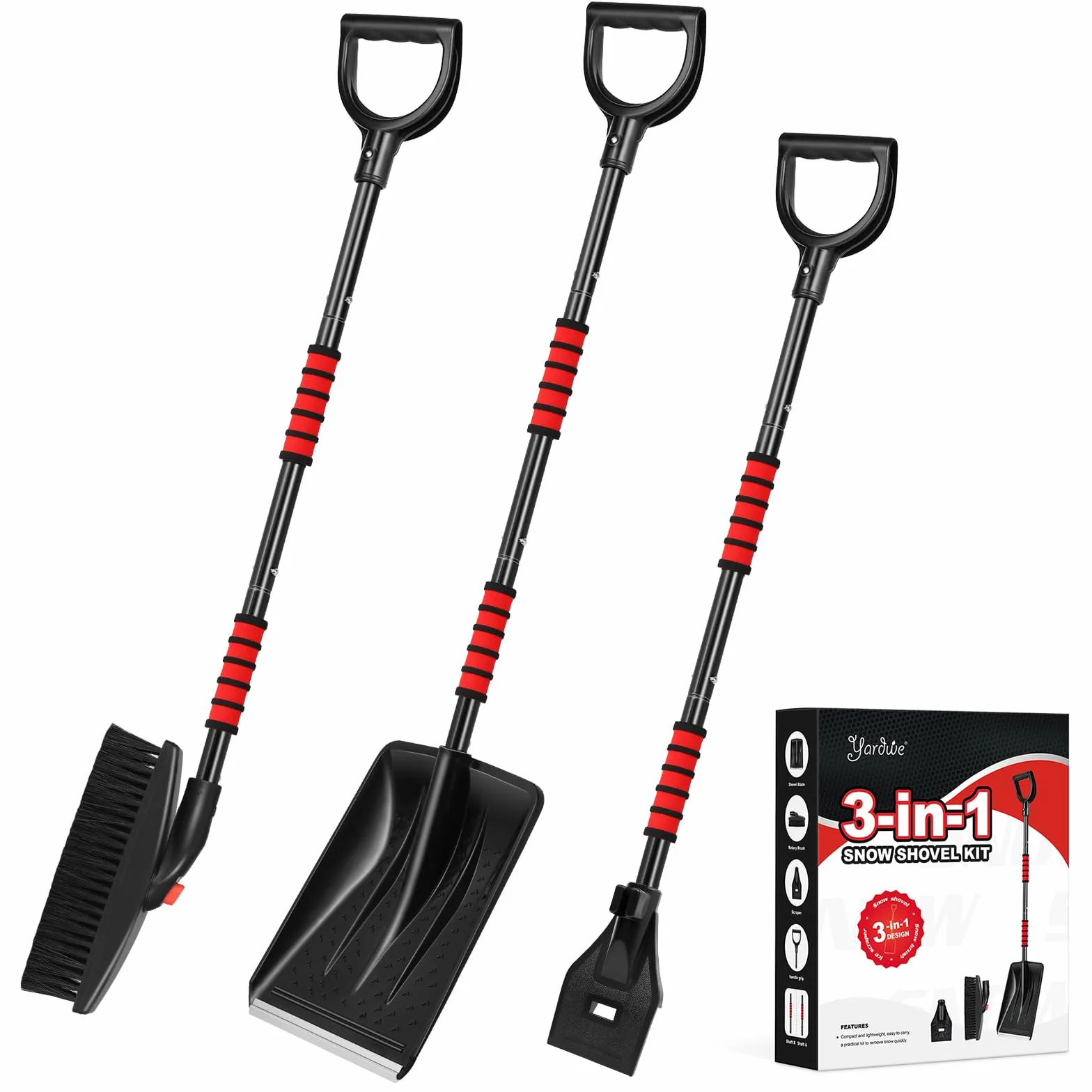 YARNOW Set di pala da neve 3 in 1 – Pala e spazzola rotante e raschietto, pala da neve regolabile rimovibile – Set per camion, auto, campeggio e altre attività all'aria aperta
