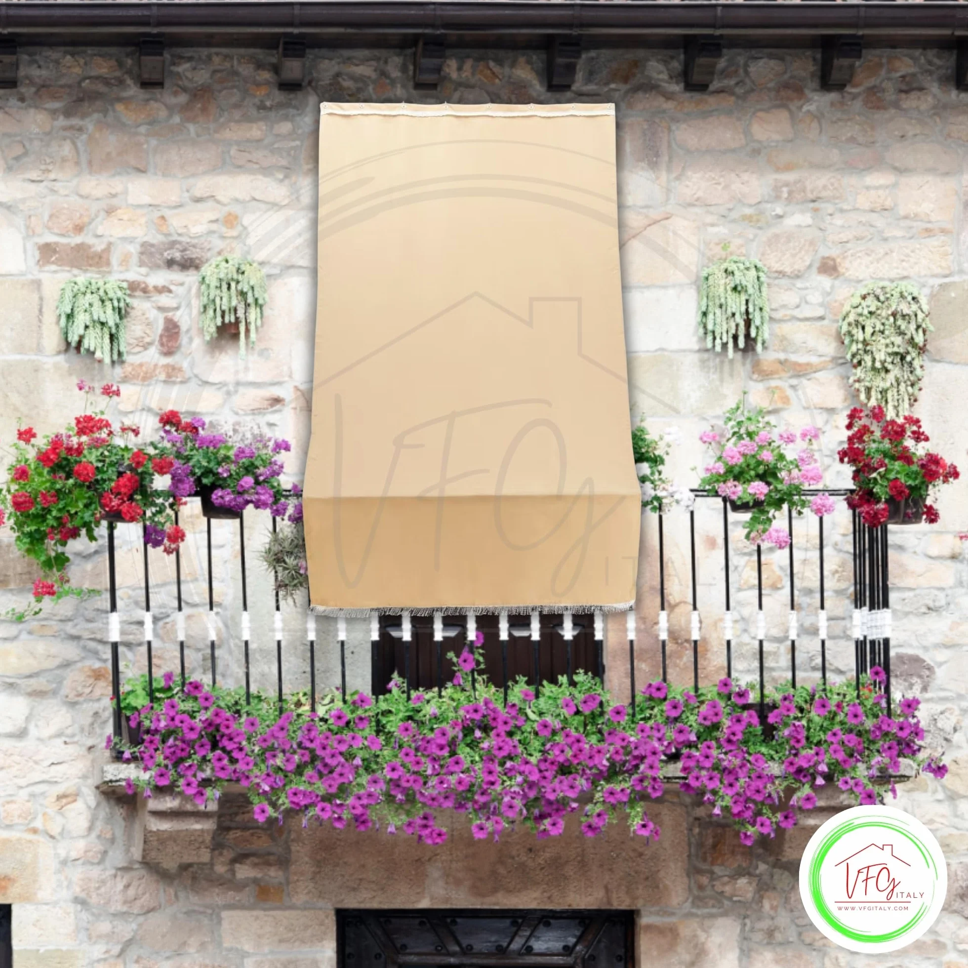 Tenda Sole Esterno 200x290 BEIGE Poliestere Lavabile Ganci Anelli