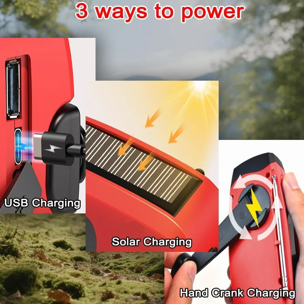 Radio Solare a Carica Manuale AM/FM Portatile con Torcia LED e Power Bank 2000mAh