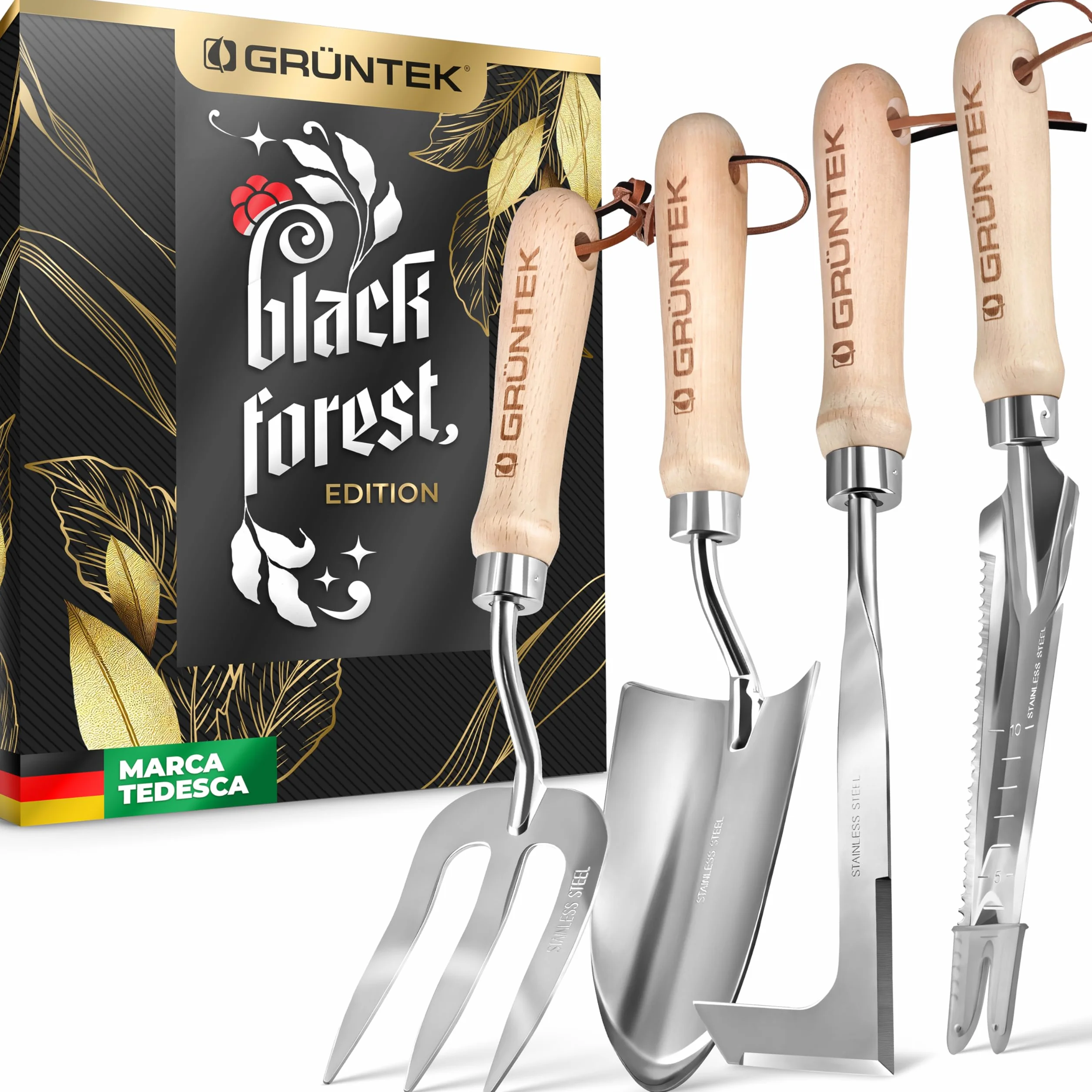 GRÜNTEK Pala Estirpatore Forchetta Cazzuola. Set 4 Attrezzi da Giardino Utensili in Acciaio Inox e in Legno di Frassino. Idea Regalo per Cura Giardino Erbacce. Sarchiatore Manuale