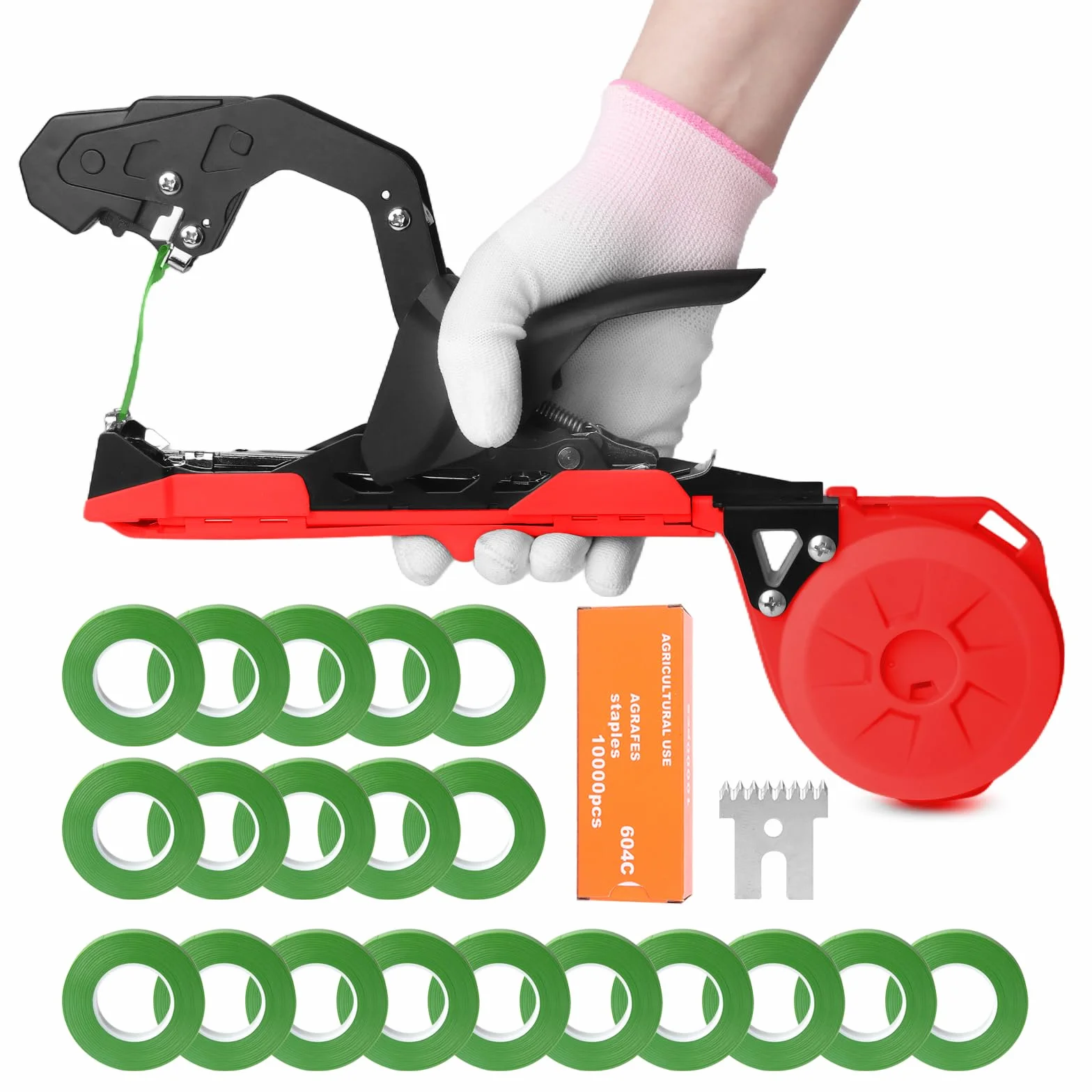 Legatrice per Piante Pomodori, 420g Macchina per Legare Le Piante per Pomodori Cetriolo Vigneto con 10000 pz Graffette 20 Rotoli Nastro Verde SJ-8108R