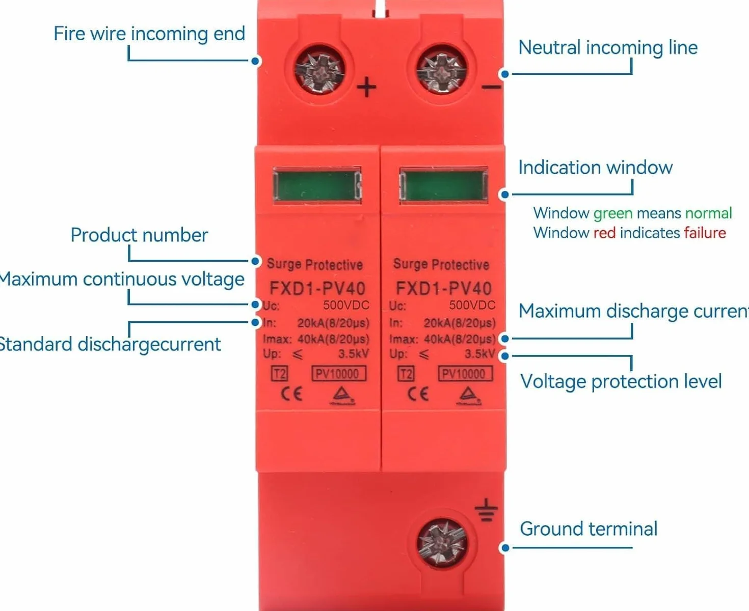 DEWIN Scaricatore di sovratensione 2P 40KA Dispositivo di protezione contro sovratensioni DC 500V Fotovoltaico 2 Pezzi
