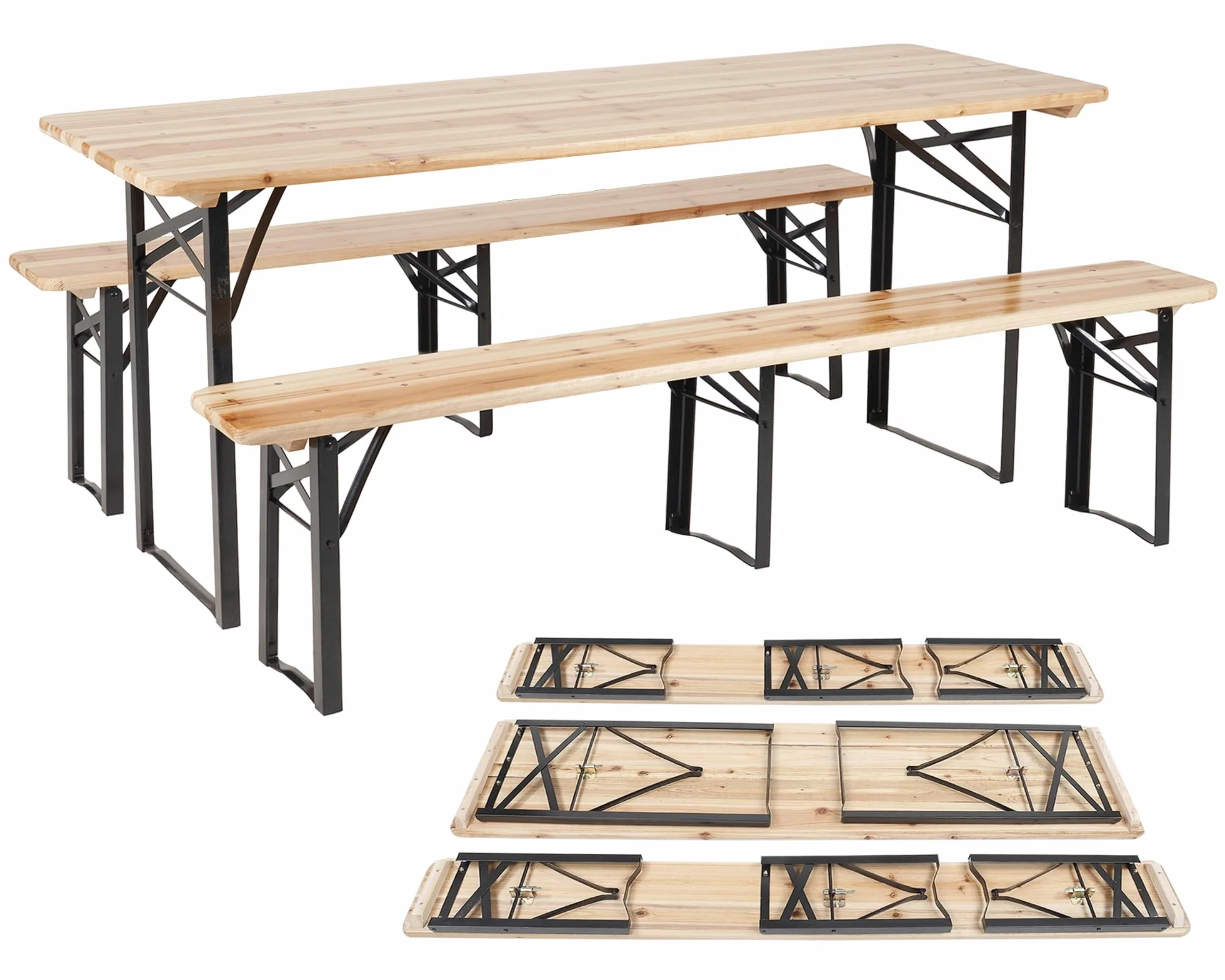 IlGruppone Set Birreria XXL 220x70 cm 10 Posti – Tavolo Pieghevole con 2 Panche in Legno di Abete e Acciaio Rinforzato – Set 3 Pezzi Richiudibile e Salvaspazio per Feste, Sagre, Giardino e Outdoor