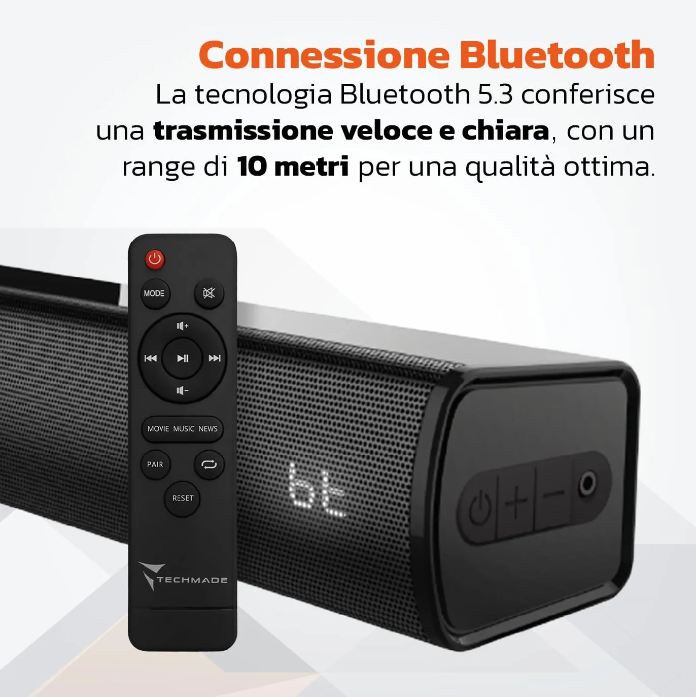 TECHMADE Soundbar TV 2.0 Bluetooth 120W HDMI ARC USB AUX Ottico Audio Potente Bassi Profondi Compatta
