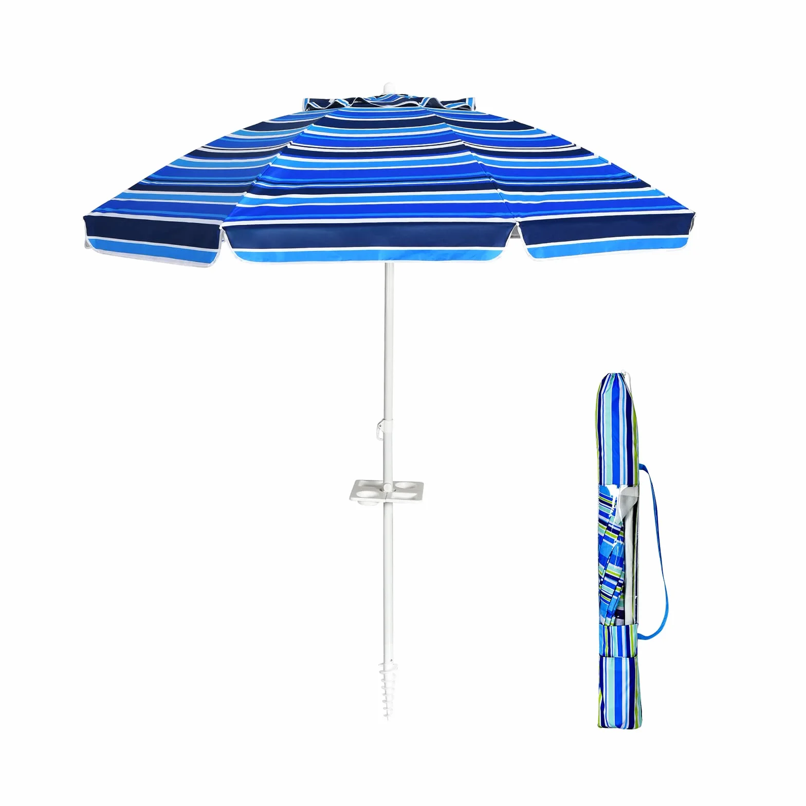 COSTWAY Ombrellone da Spiaggia 200 x 220 cm, Ombrellone da Mare con Inclinazione Regolabile, con Vassoio, 8 Stecche, Protezione UV, Impermeabile, Borsa di Trasporto (Blu Navy)