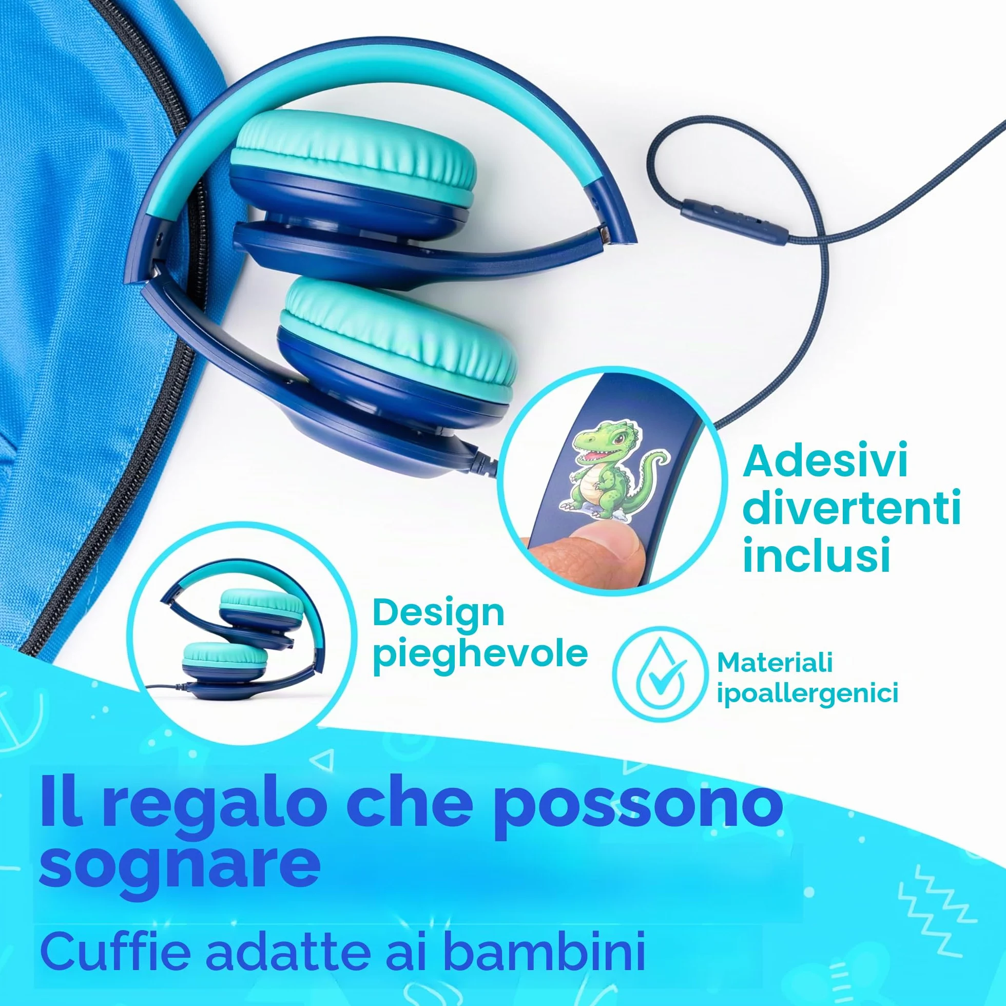PowerLocus Cuffie per Bambini con Filo, Pieghevoli, Limitazione Volume 85/94dB, 3.5mm Jack, Microfono, Hi-Fi Stereo per Telefono/Viaggio/PC (Blu)