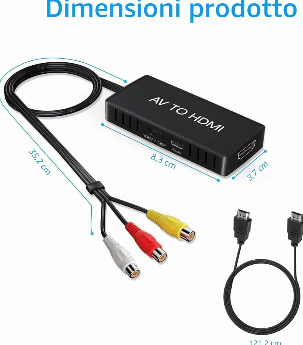 Convertitore RCA a HDMI, Adattatore AV Composito per Wii PS2 VHS VCR DVD Xbox N64, Supporto PAL/NTSC 720P/1080P
