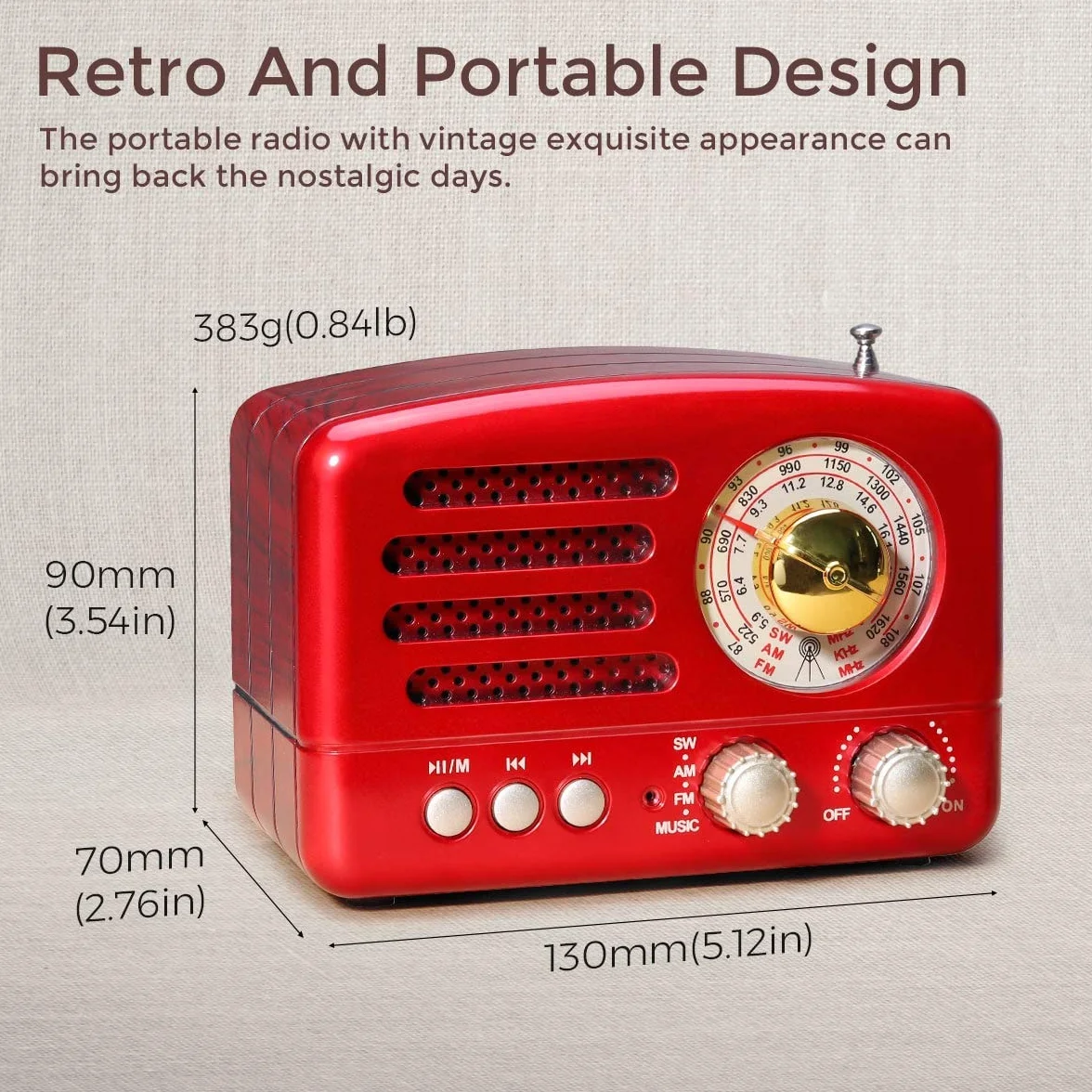 PRUNUS J-160 Radio Portatile Vintage FM/AM/SW, Altoparlante Bluetooth Retro, Batteria Ricaricabile 1800 mAh (Rosso)