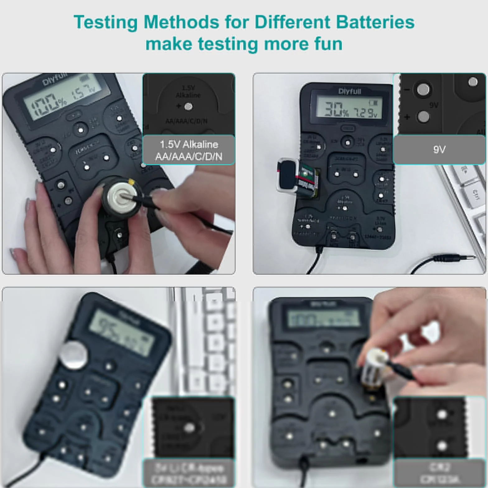 Dlyfull Tester Universale per Batterie AAA AA C D 9V CR123A CR2032 Display LCD 1,5V 3V