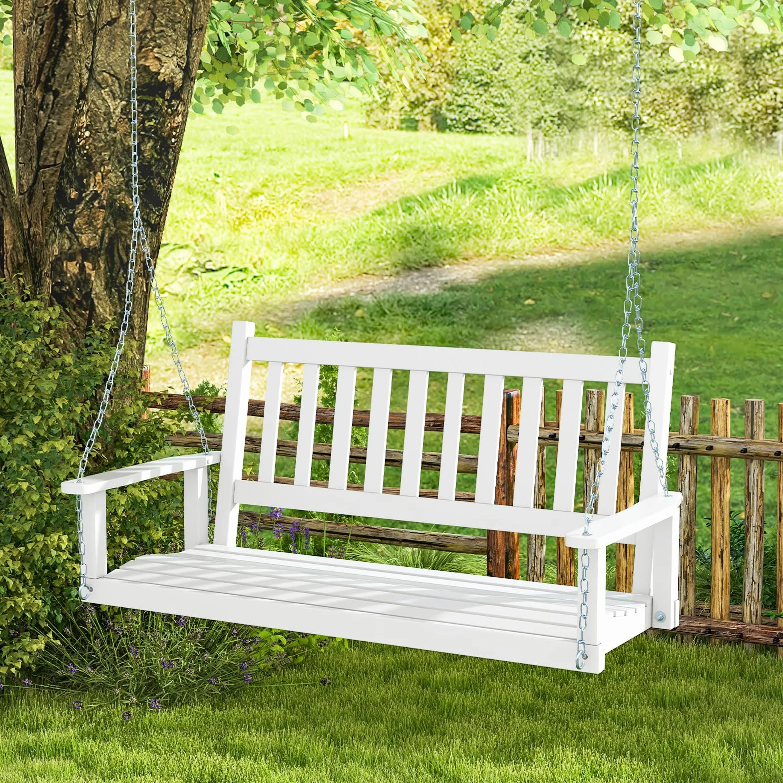 GYMAX Altalena da Giardino in Legno, con Schienale a Doghe, Sedile Curvo e Comodi Braccioli, Design Ergonomico per 2 Persone, Sedia a Dondolo con Capacità di Carico 230 kg (Bianco)