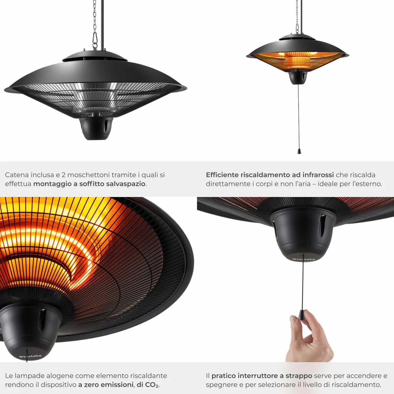Tectake Riscaldatore a Infrarossi 2500W da Appendere, Struttura in Alluminio Inossidabile, Nero