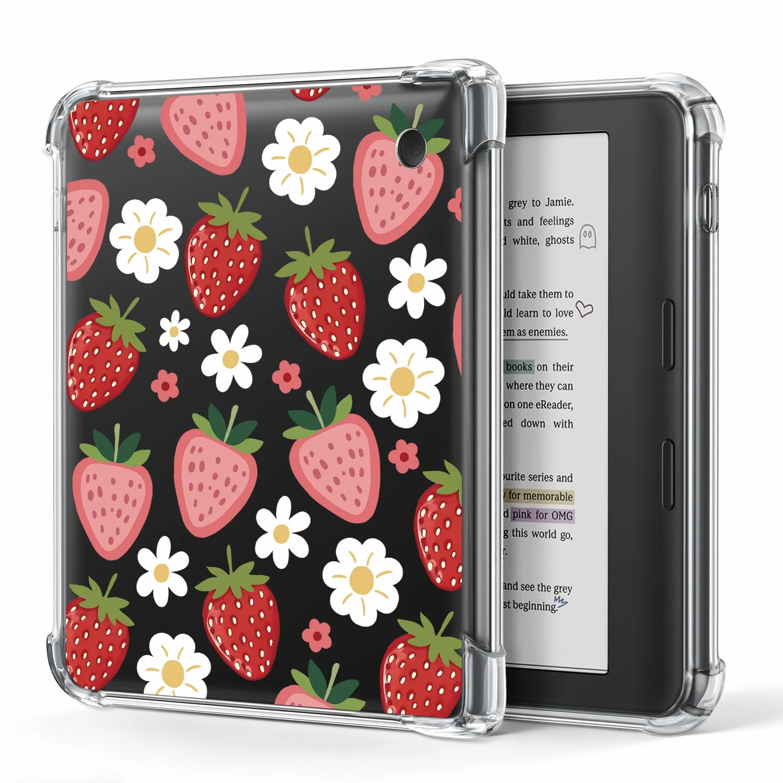 Custodia per Kobo Libra Color 7 pollici, cover trasparente con angoli rinforzati rosa fragola floreale