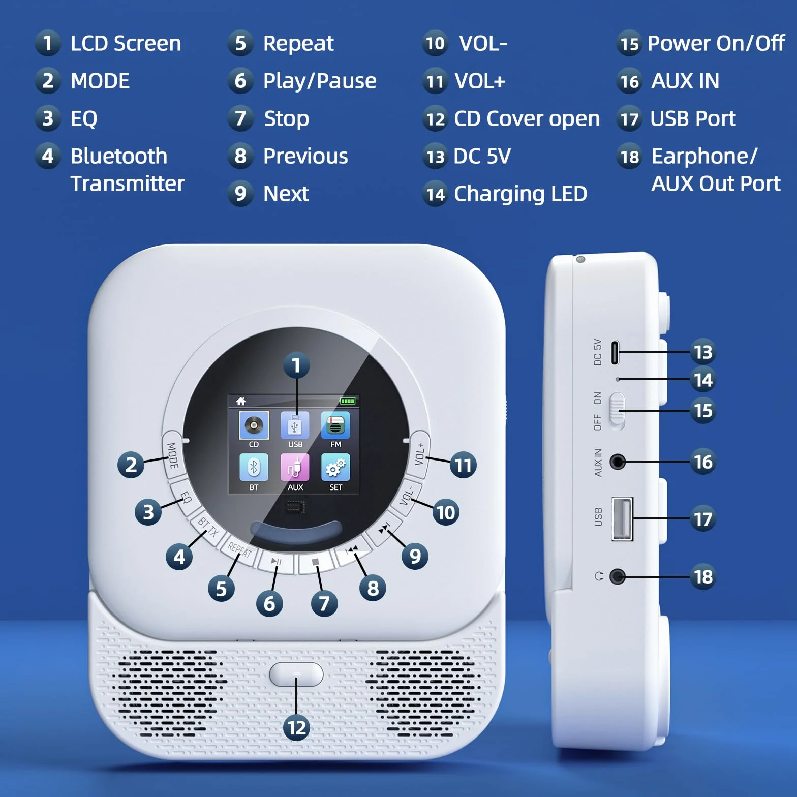 Arafuna Lettore CD Portatile Bluetooth con Altoparlanti HiFi, Radio, Display LED (Bianco)