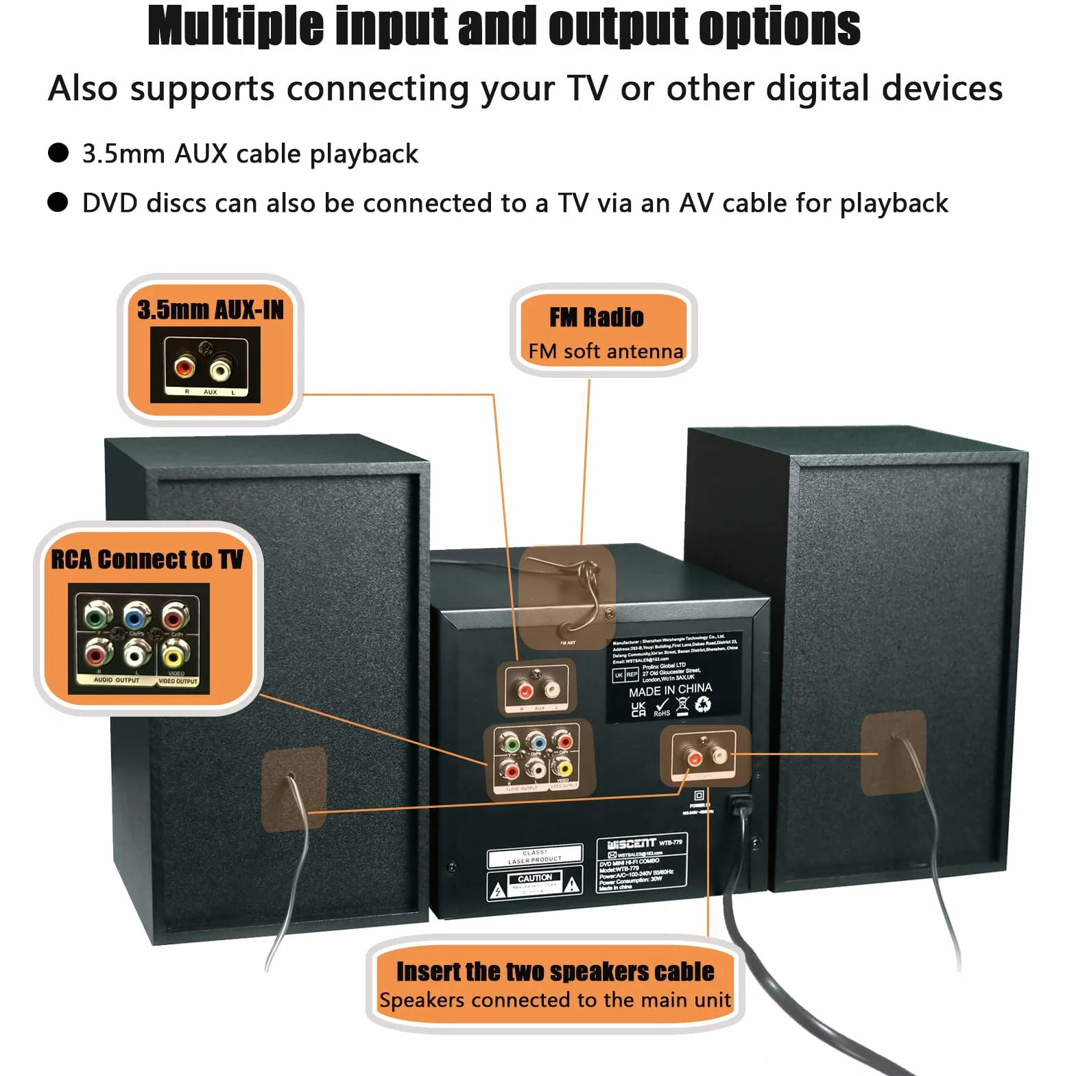 WISCENT Bluetooth Micro HiFi System, Lettore CD DVD Radio FM USB MP3 AUX Mic 30W