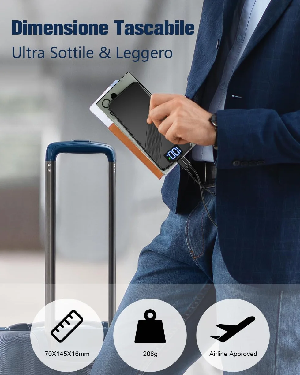 Power Bank 10000mAh PD 22.5W Ricarica Rapida USB C LED Display Portatile per iPhone Samsung Xiaomi